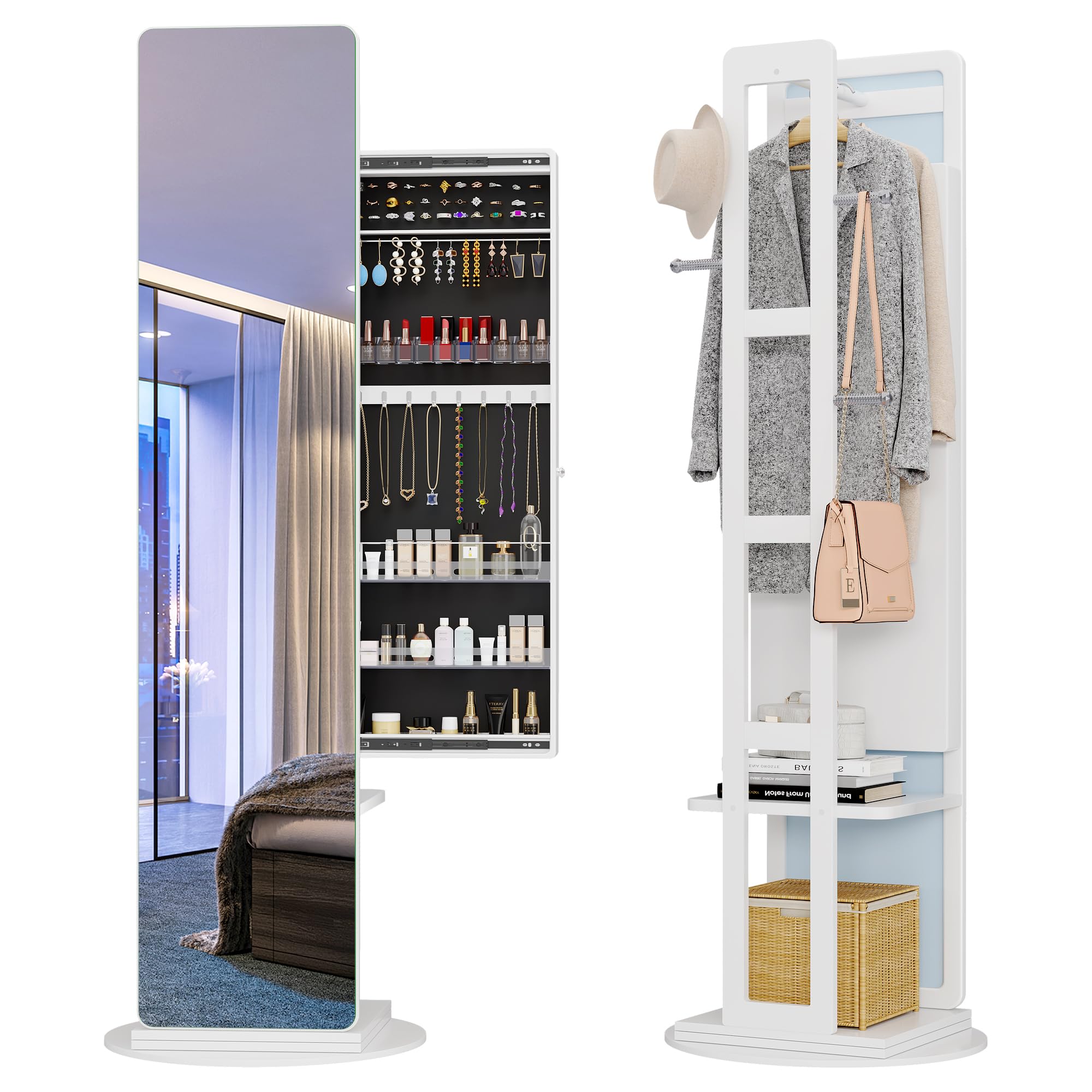 360° Swivel Jewelry Armoire with Full Length Mirror - Rotatable Standing Jewelry Cabinet with Coat Rack & Storage - Solid Wood White Jewelry Organizer for Bedroom, Closet or Dressing Room