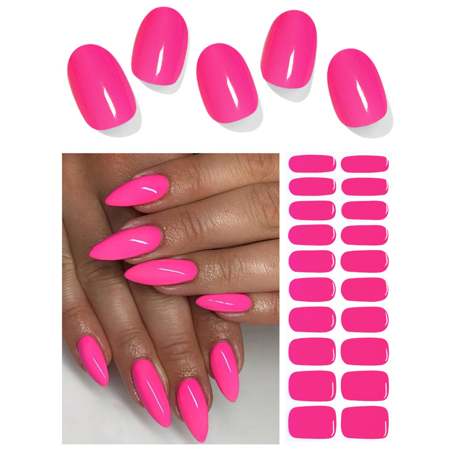 Semi Cured Gel Nail Strips - 20pcs Summer Neon Pink UV Gel Nail Wraps for DIY Home Manicure | Long Lasting Salon Quality Nail Stickers | Perfect for Parties, Weddings & Everyday Wear