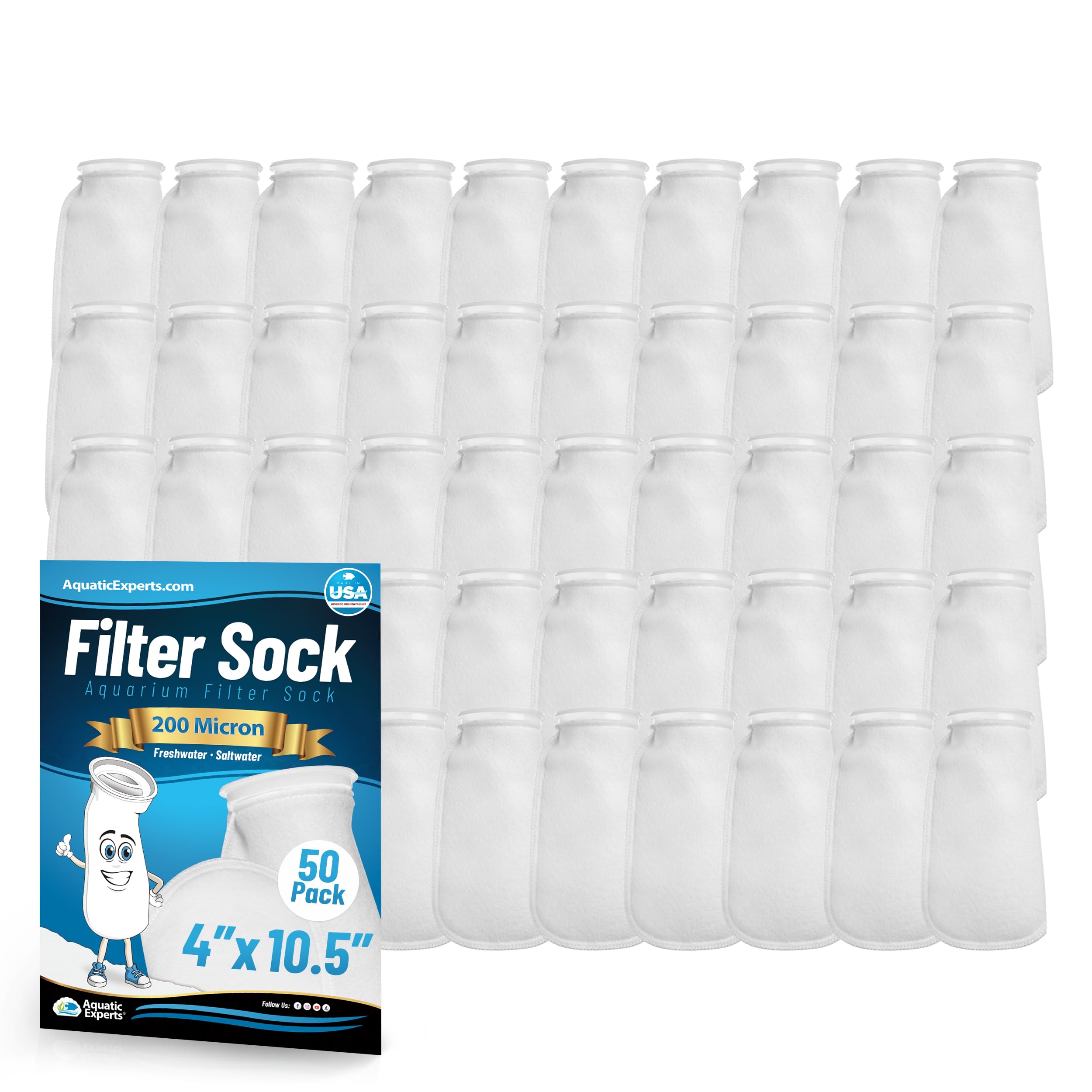 Aquatic Experts 4 Inch Ring Filter Socks 200 Micron - Premium Saltwater Aquarium Filter Socks for Sump, Reef Tank & Marine Filtration (50 Pack, 4