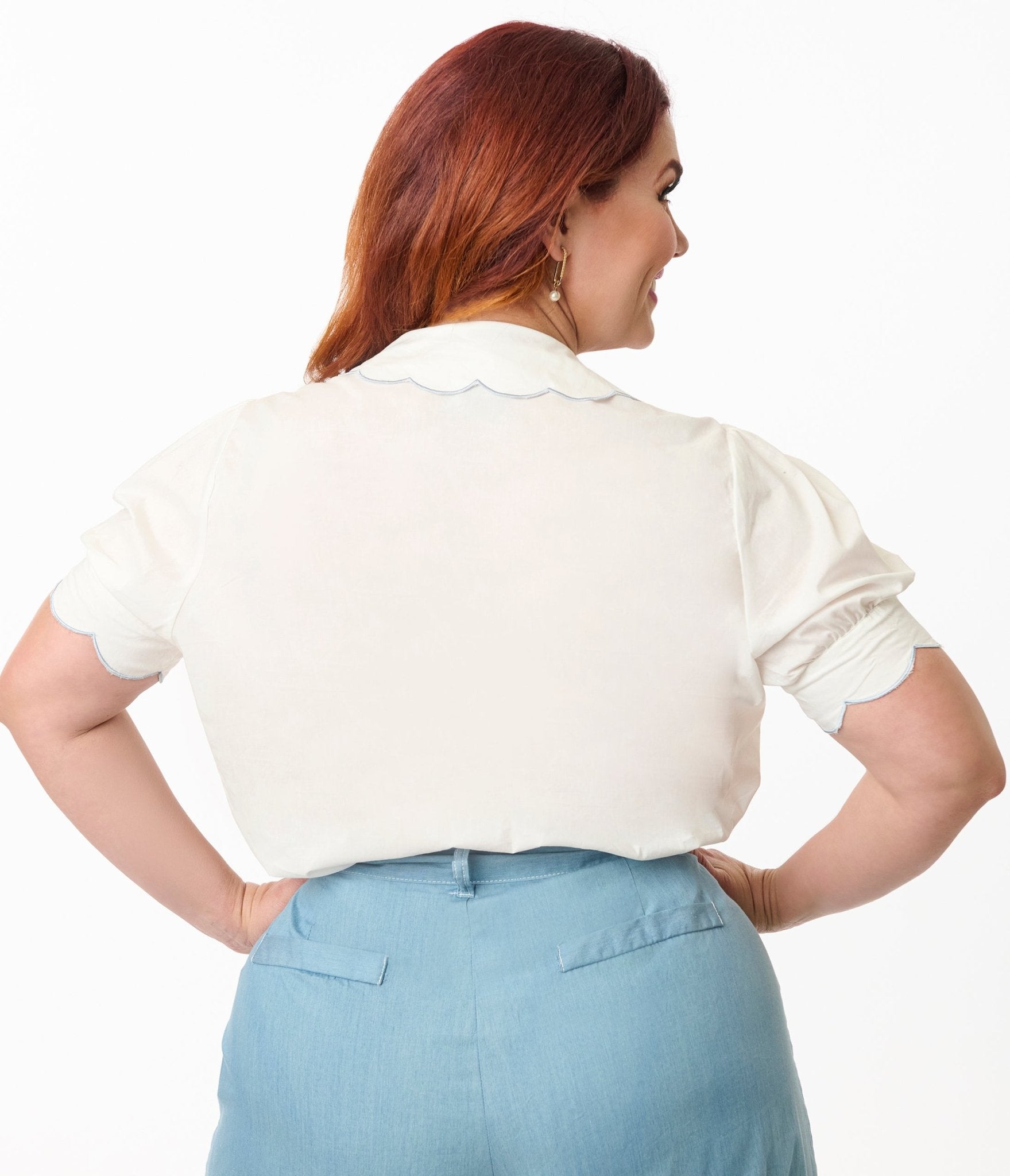 Smak Parlour Plus Size White & Blue Floral Embroidered Puff Sleeve Blouse for Women | Summer Boho Chic Tunic Top | Casual Outfit, Party Wear & Vacation Style