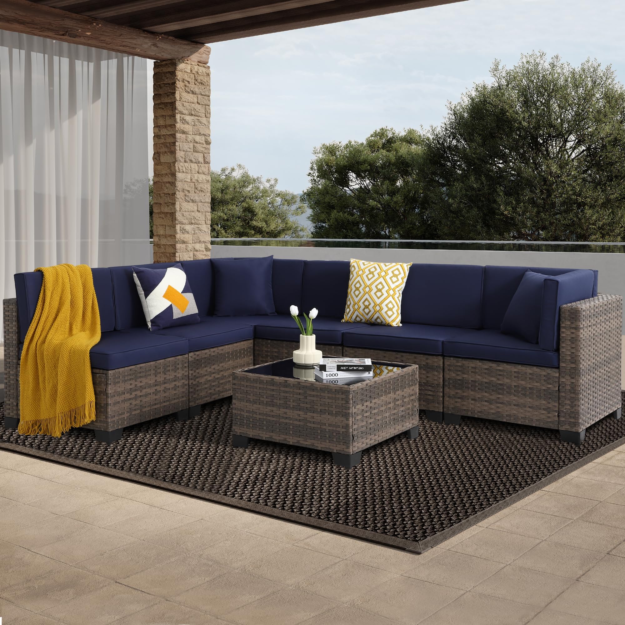 7-Piece Outdoor Patio Furniture Set - Rattan Wicker Sectional Sofa with Cushions & Glass Table - A-Brown-Navy Straight Back - Perfect for Garden, Poolside & Backyard Relaxation
