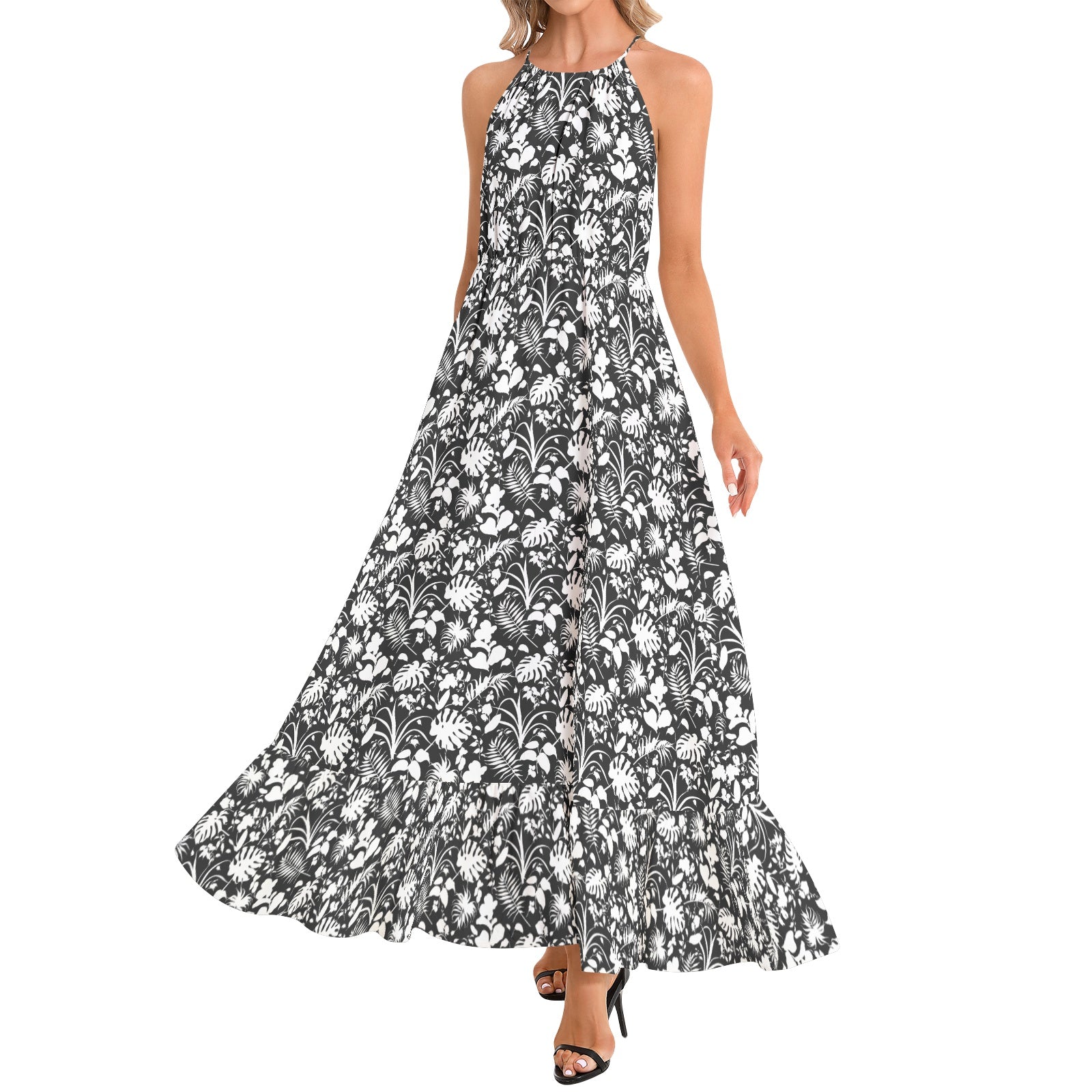 Stylish Black & White Tropical Print Ruffle Hem Halter Neck Maxi Dress for Women - Perfect for Beach Vacations, Summer Parties & Boho Fashion
