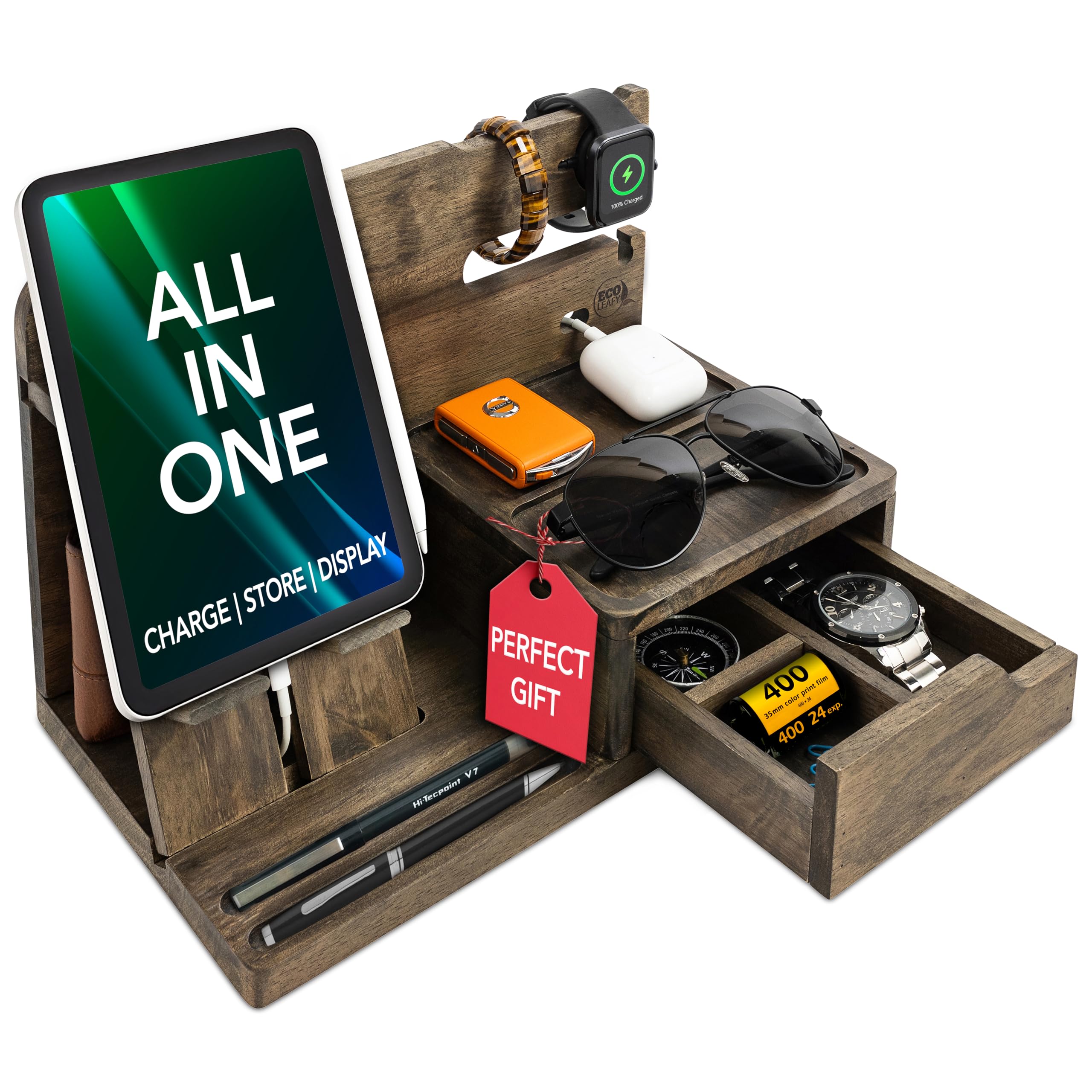 Rustic Nightstand Organizer for Men - Bedside Docking Station with Phone, Watch, Wallet & Sunglasses Holder - Unique Gift for Dad, Husband & Son - Desk Accessory Organizer (Rustic Gray) - Perfect for Bedroom, Office & Travel Use