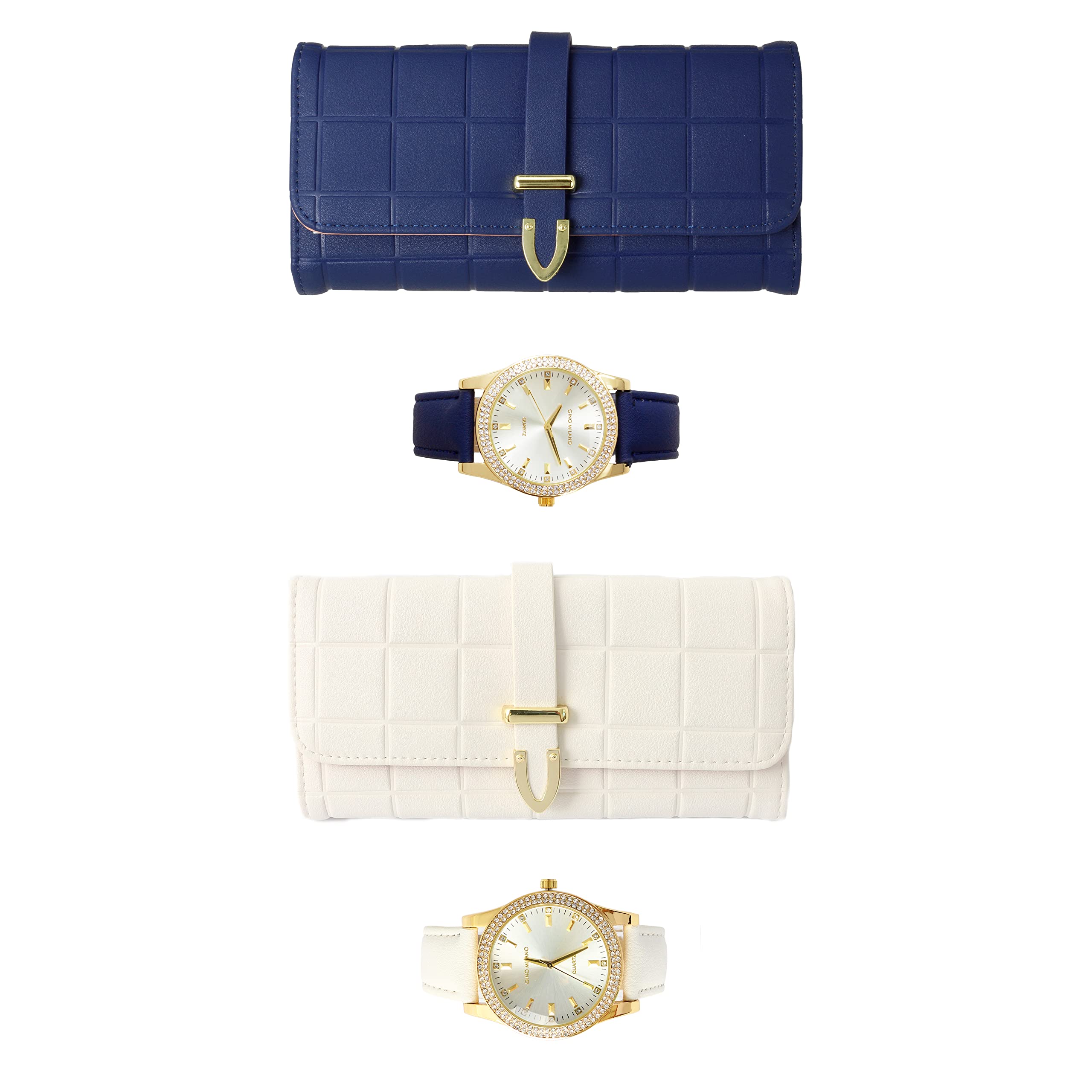 Luxury Women's Gold Leather Band Watch & Matching Tri-Fold Wallet Set - 2-Piece Navy Blue & White Gift Set for Women | Perfect for Everyday Wear, Office & Special Occasions