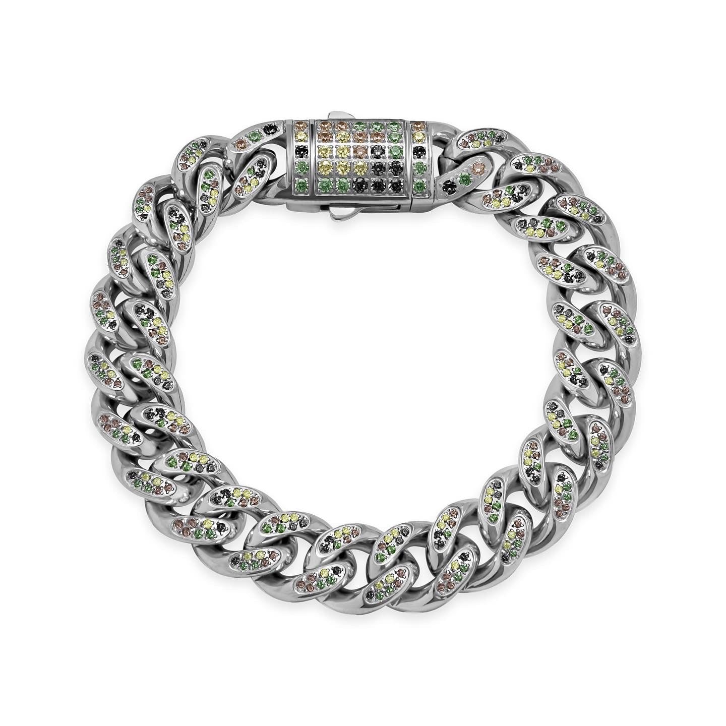 12mm Woodland Camo Iced Pavé Cuban Link Bracelet - Stainless Steel Men's Chain for Outdoor, Hunting & Streetwear Fashion