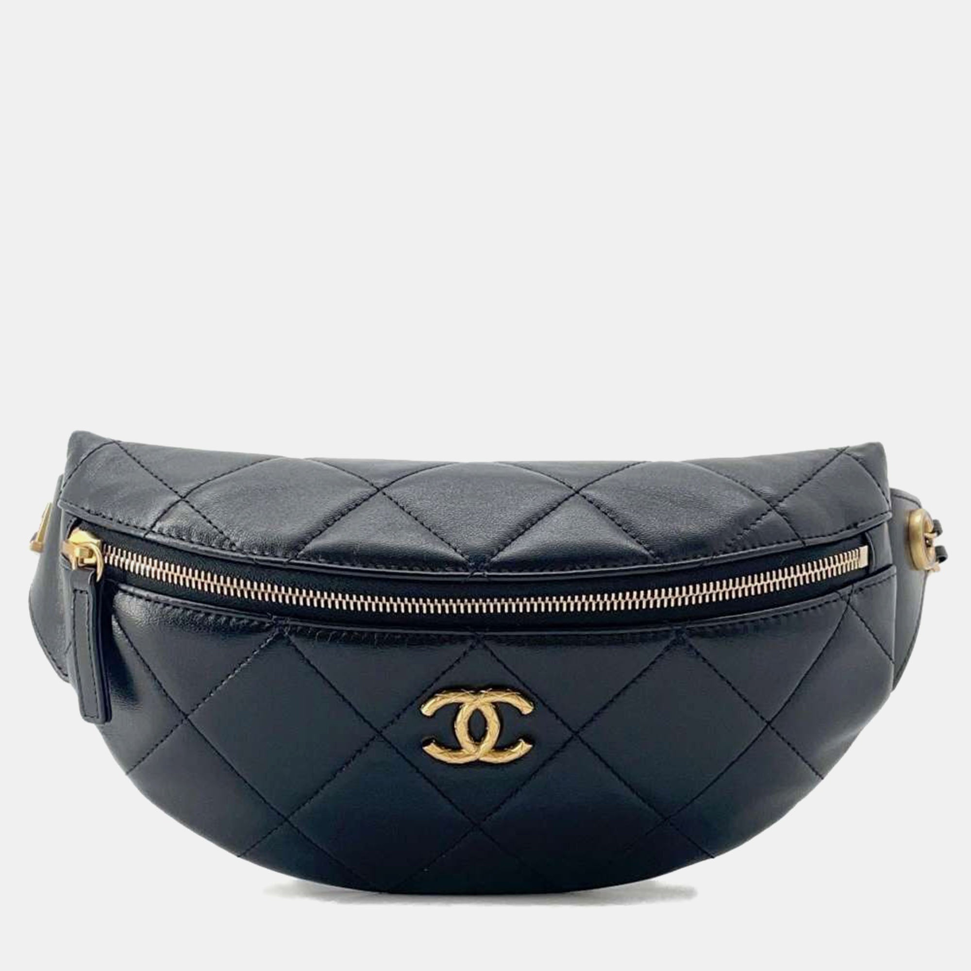 Premium Black Lambskin Enamel Matelassé Waist Bag for Women - Fashion Crossbody Fanny Pack with Gold Hardware - Perfect for Travel, Concerts & Everyday Use