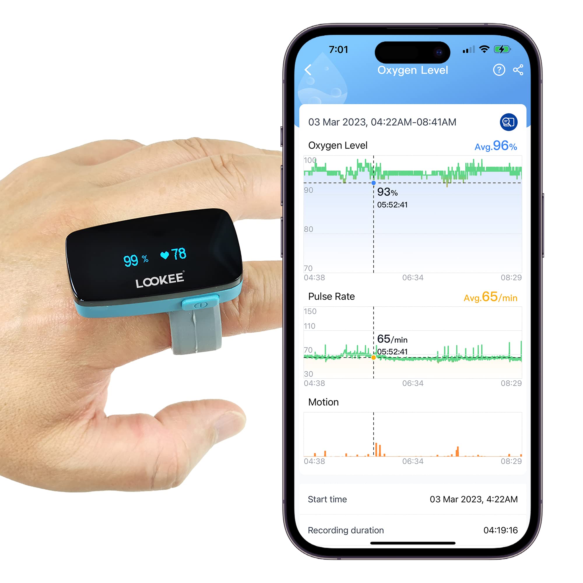 LOOKEE O2-Tracker Ring - Continuous Wearable Pulse Oximeter with Vibration Alerts & Rechargeable Battery - Blood Oxygen Monitor (SpO2) for Fitness, Sleep & Health Tracking - Free APP with Reports - Ideal for Athletes, Sleep Apnea & High Altitude Activities