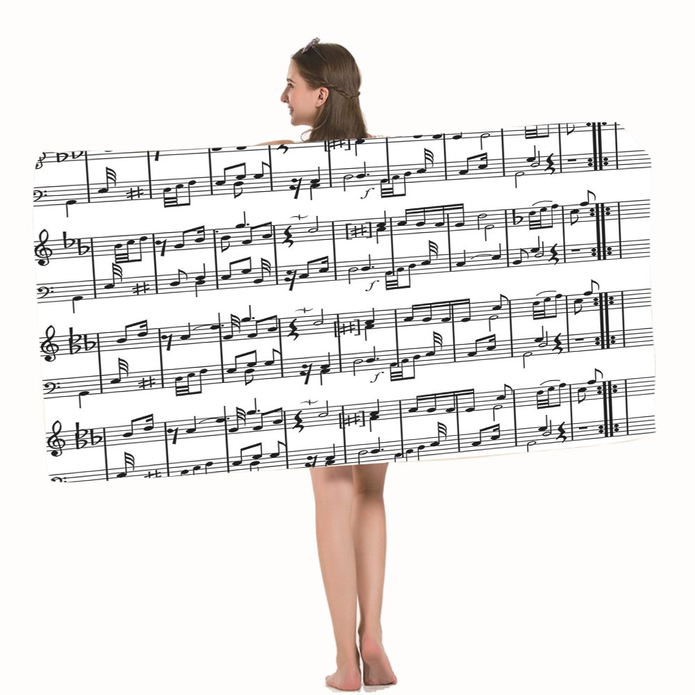 Soft Musical Notes Bath Towel Set - 32x64 Inch Black & White Bath Sheets for Adults - Perfect for Music Lovers, Spas, and Luxury Bathrooms