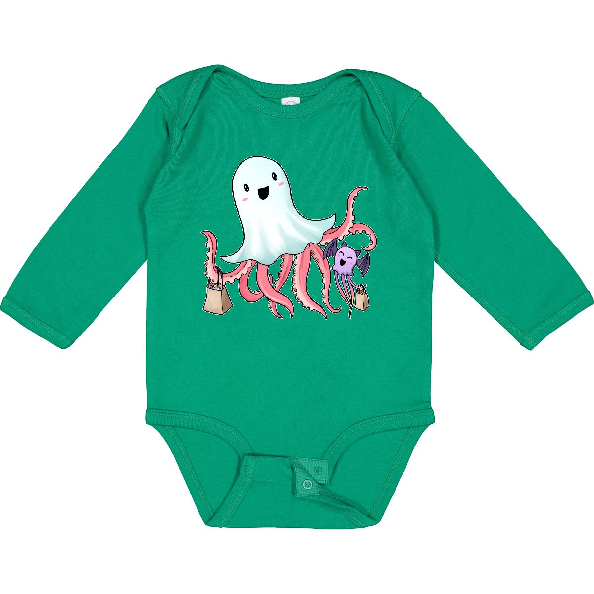 Inktastic Cute Ghost Octopus Trick or Treating with Bat Long Sleeve Baby Bodysuit - Halloween Costume & Spooky Outfit for Infants