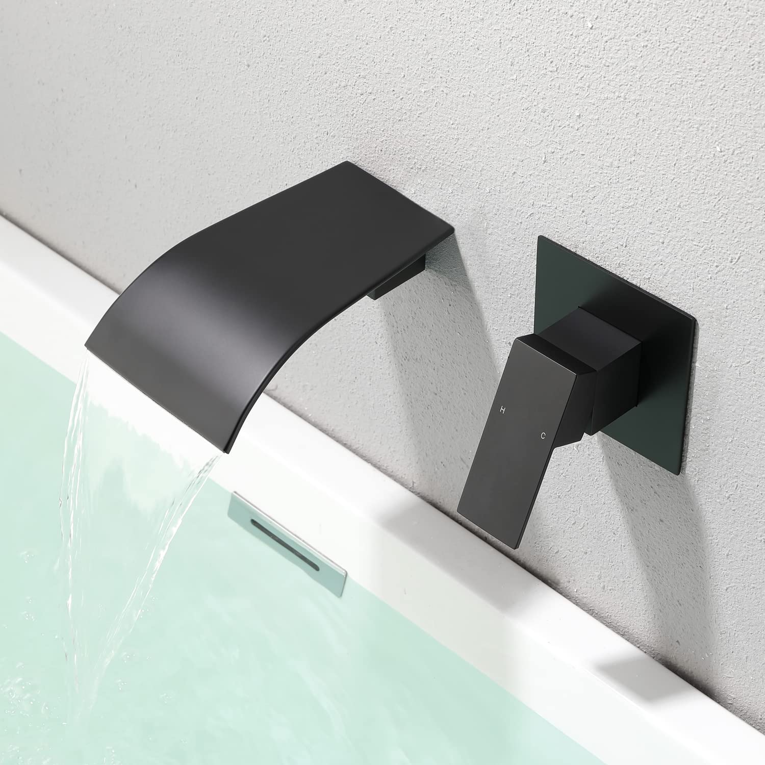 AUU Matte Black Wall Mount Roman Tub Faucet - Waterfall Spout with Diverter, Single Handle Solid Brass Bathtub Faucet with Rough-in Valve - Perfect for Luxury Bathrooms and Spa Retreats