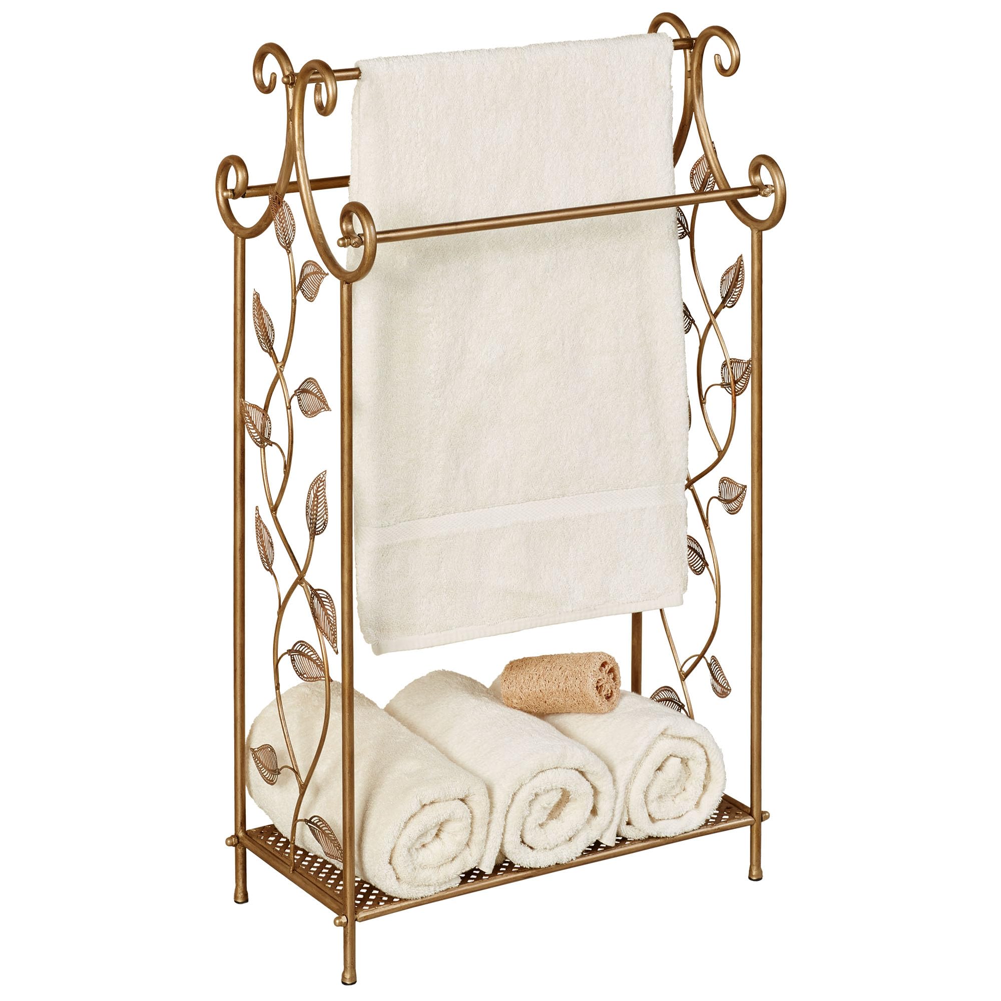 Touch of Class Eden Freestanding Towel Rack Stand - 3-Tier Metal Bathroom Organizer with Champagne Bronze Finish - Powder Coated Durable Design for Towel Storage in Bathroom, Poolside & Spa Areas - Nature Inspired Home Decor