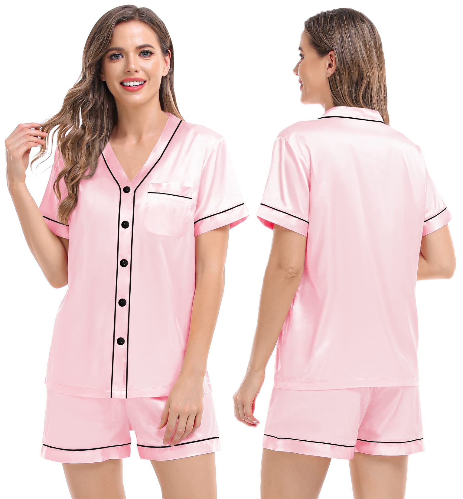 SWOMOG Women's Satin Pajama Set - V-Neck Short Sleeve Top & Capri Pants 2-Piece Lounge Wear for Sleep, Travel & Relaxation at Home