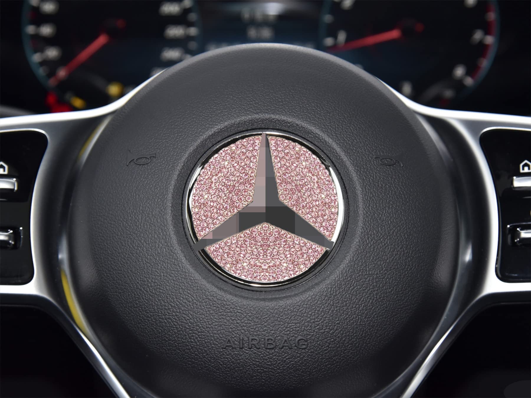 Diamond Crystal Steering Wheel Logo Caps for Mercedes Benz - Pink 49mm Bling Emblem Badge | Luxury Car Interior Accessories for Women | Perfect for Gifts & Customization