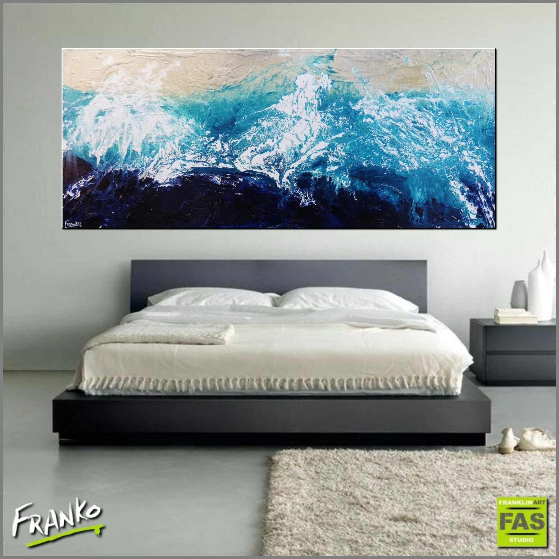 Blue Abstract Infused Beach Wash Painting 240cm x 100cm - Large Modern Wall Art for Living Room, Bedroom, or Office Decor