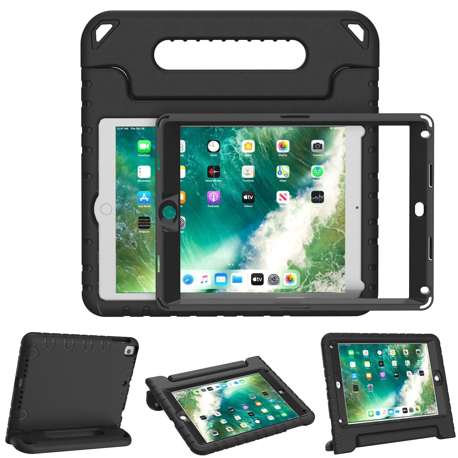 AVAWO Shockproof Kids iPad Case for iPad 9.7 (5th/6th Gen 2017/2018) & iPad Air 2 - Lightweight Convertible Handle Stand Cover with Built-in Screen Protector | Perfect for School, Travel & Home Use (Black)