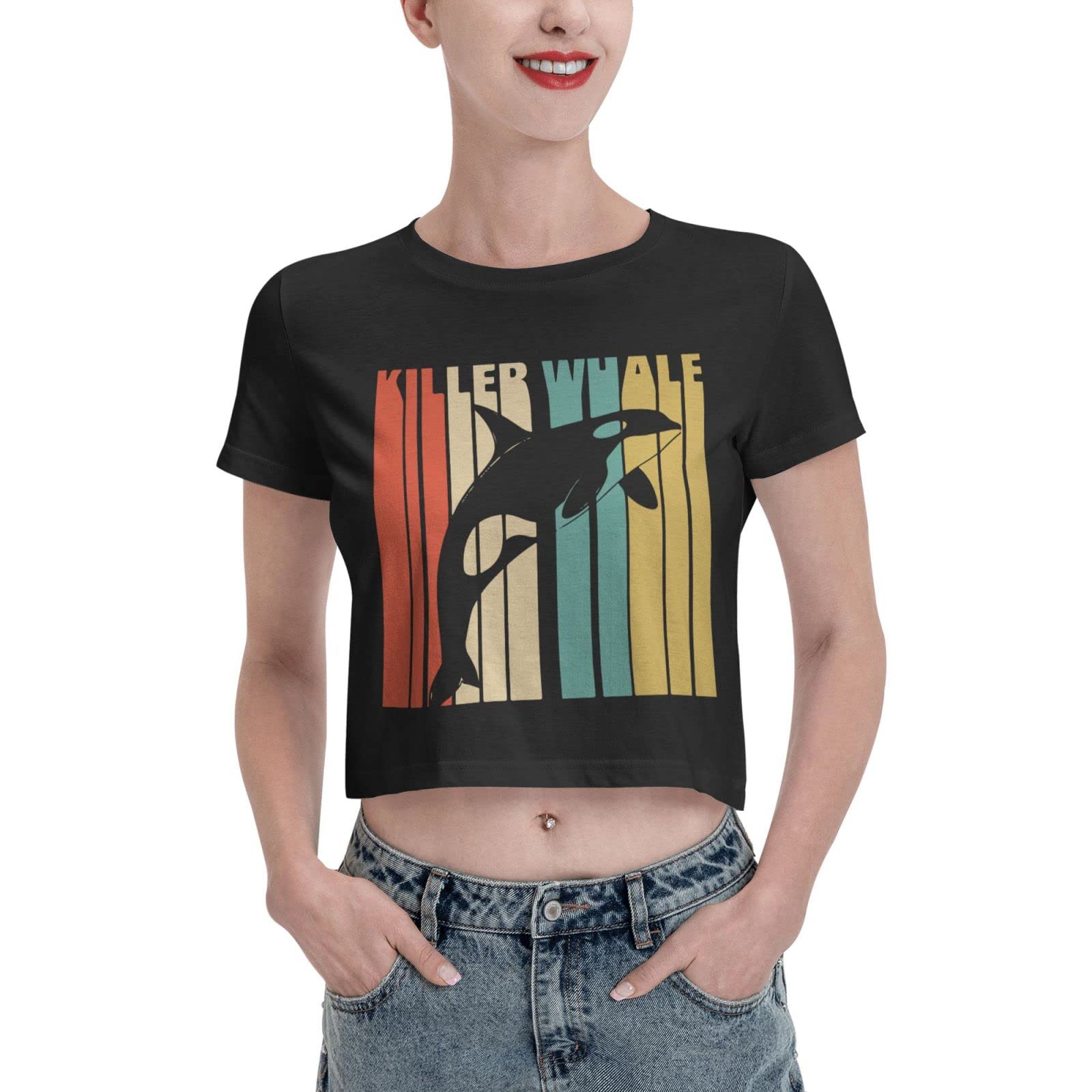 Retro Killer Whale Print Women's Crop Top T-Shirt - Soft Short Sleeve Tee for Casual Wear, Beach Outfits & Summer Fashion