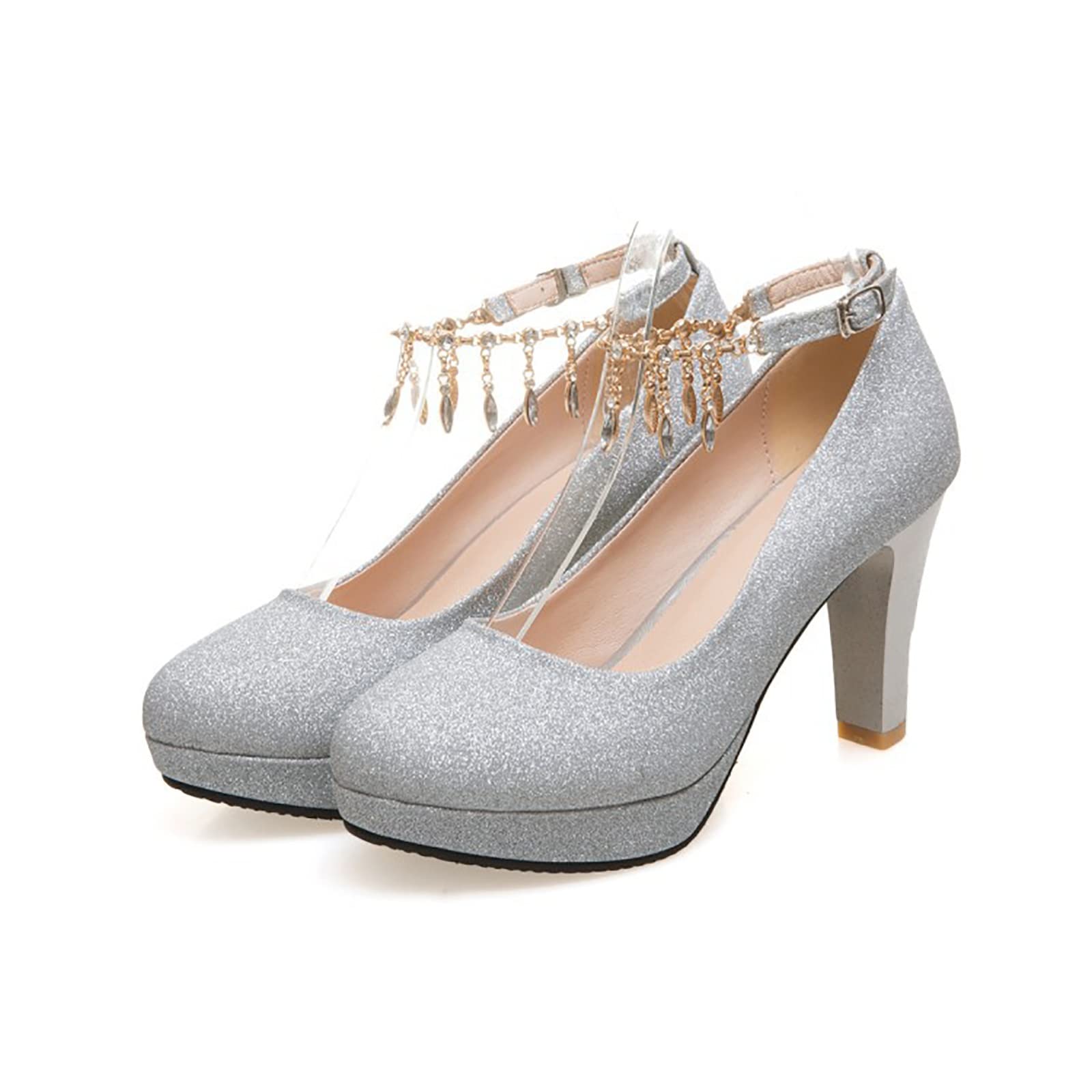 QAZX Women's High Heel Court Shoes - Elegant Party Evening Prom Pumps, Wedding Bridal Heels with Platform Block Heel in Gold, Silver & Pink (Silver, Size 35) - Perfect for Formal Events, Date Nights & Special Occasions