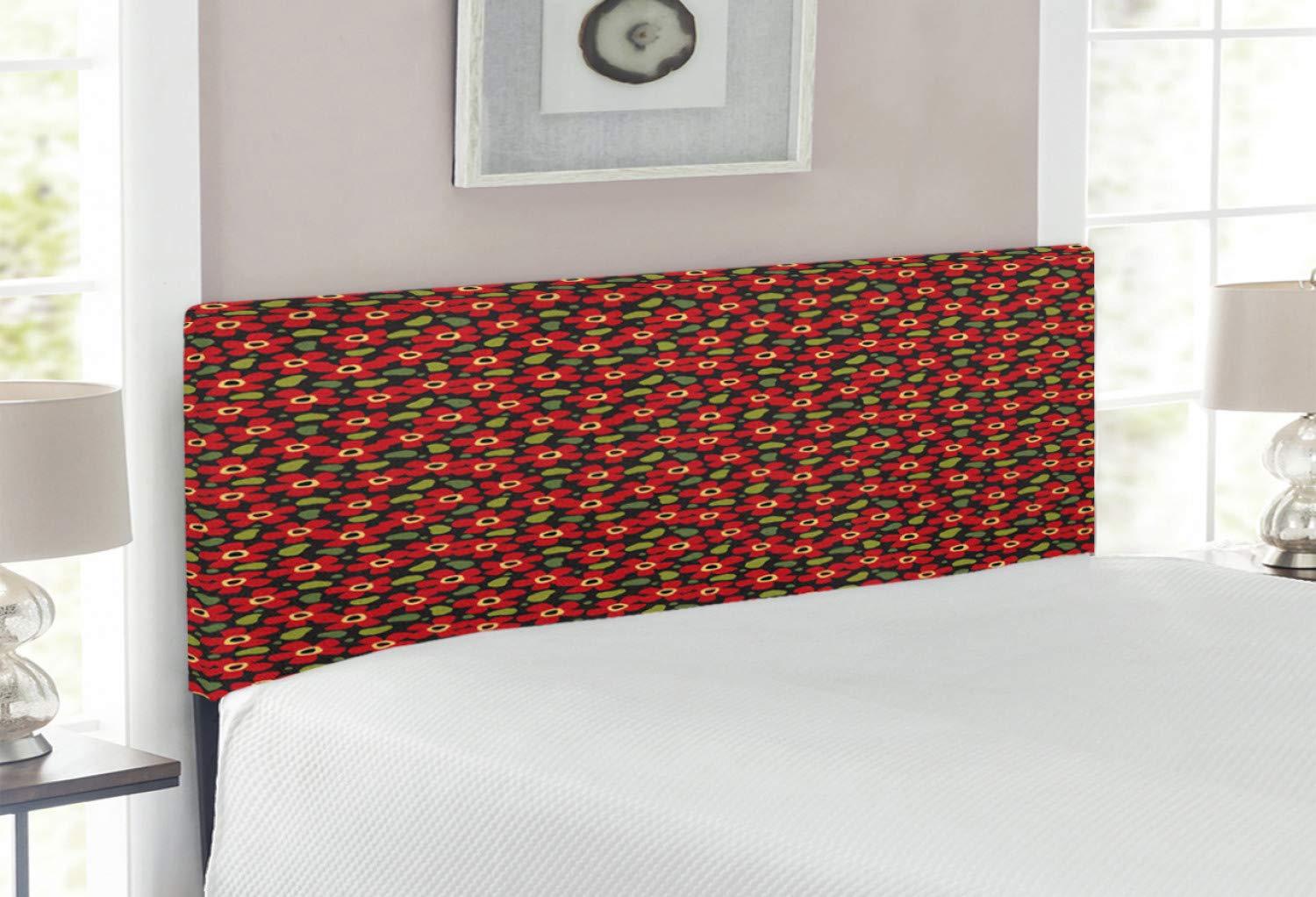 Ambesonne Scandinavian Upholstered Headboard - Full Size Decorative Metal Bed Frame with Memory Foam, Ornamental Blossoming Flowers Spring Design - Perfect for Master Bedroom, Guest Room & Home Decor