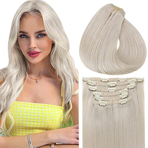 Vivien 20 Inch Platinum Blonde Clip-In Human Hair Extensions - 7pcs 120g Remy Straight Hair for Women | Perfect for Parties, Weddings & Daily Styling
