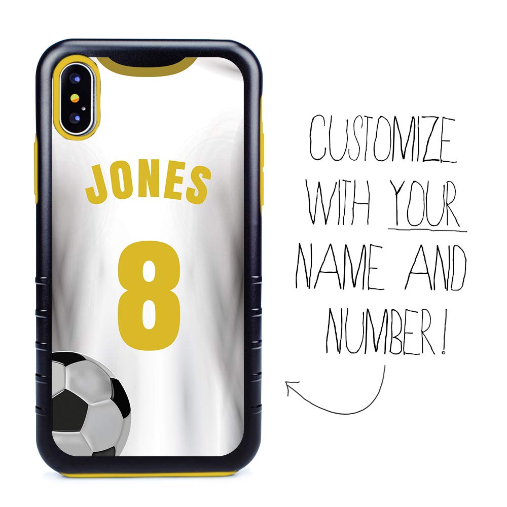 Custom Soccer Jersey iPhone X/XS Case - Personalized Sports Phone Cover with Name & Number - Hybrid Protective Case (Black/White/Yellow) - Perfect for Soccer Fans, Players & Gift Giving