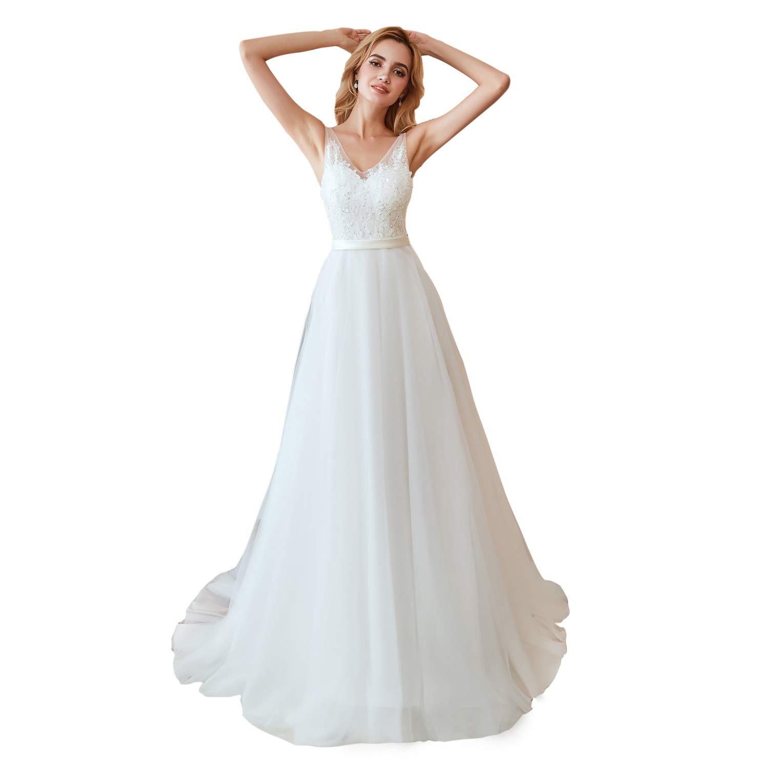 Leyidress Ivory Beaded A-Line Wedding Dress for Women – Elegant Bridal Gown for Church, Beach & Outdoor Ceremonies