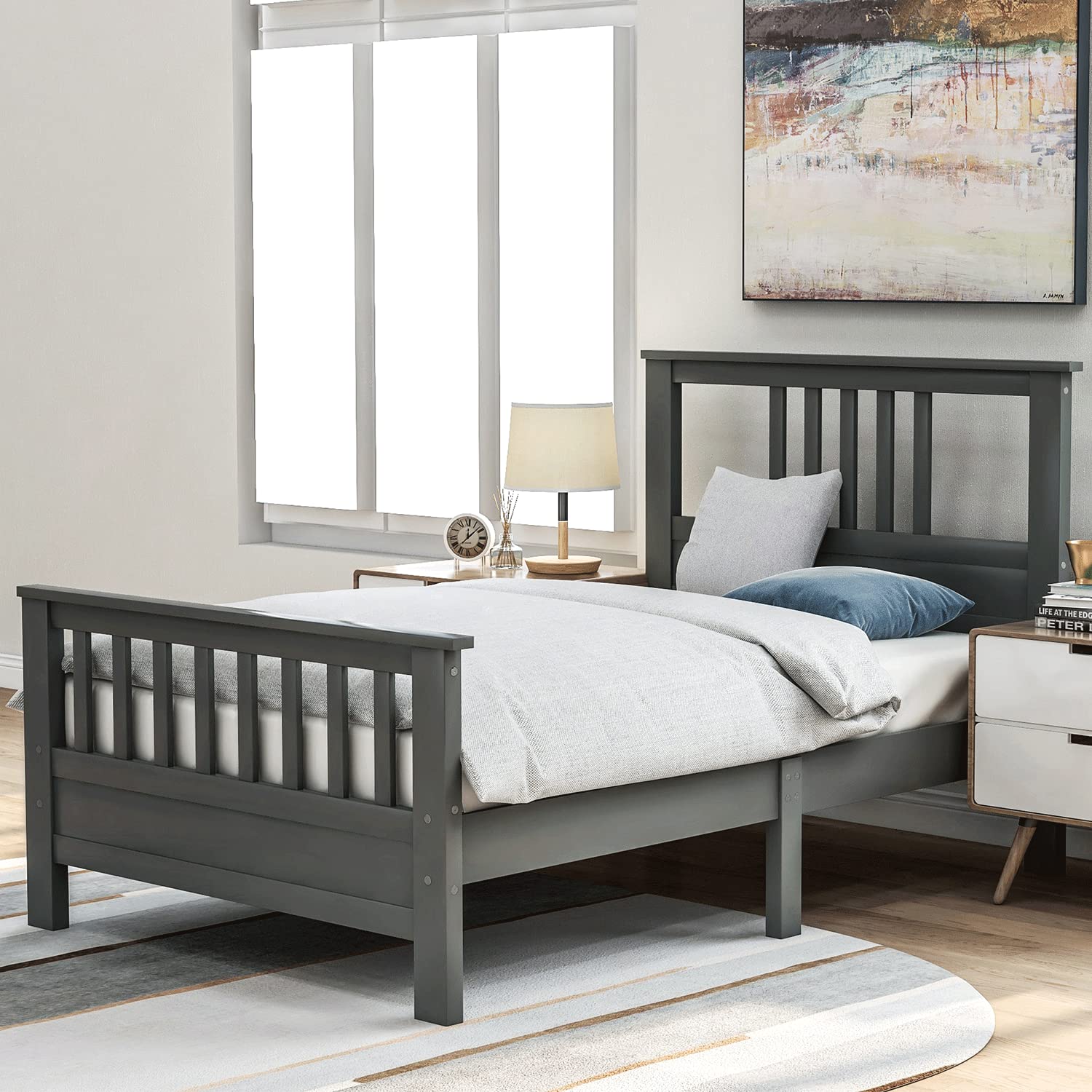 **Twin Size Wood Platform Bed Frame with Headboard & Footboard - No Box Spring Needed - Sturdy & Modern Design for Bedroom (Gray, Twin)**    *Perfect for Kids' Rooms, Guest Rooms, or Small Spaces - Easy Assembly & Durable Construction*