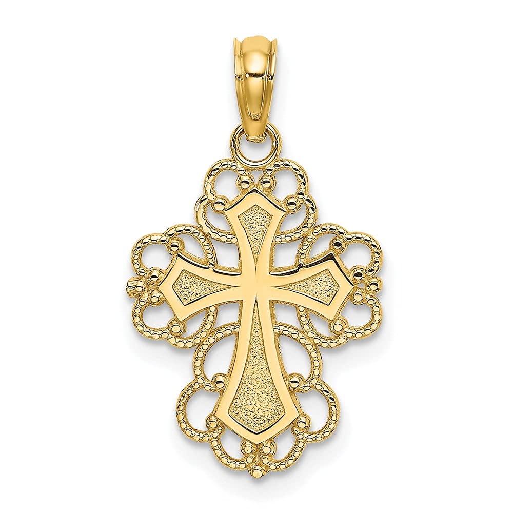 14K Yellow Gold Beaded Lace Trim Cross Charm Pendant Necklace for Women - Elegant Religious Jewelry Gift for Christmas, Baptism & Special Occasions