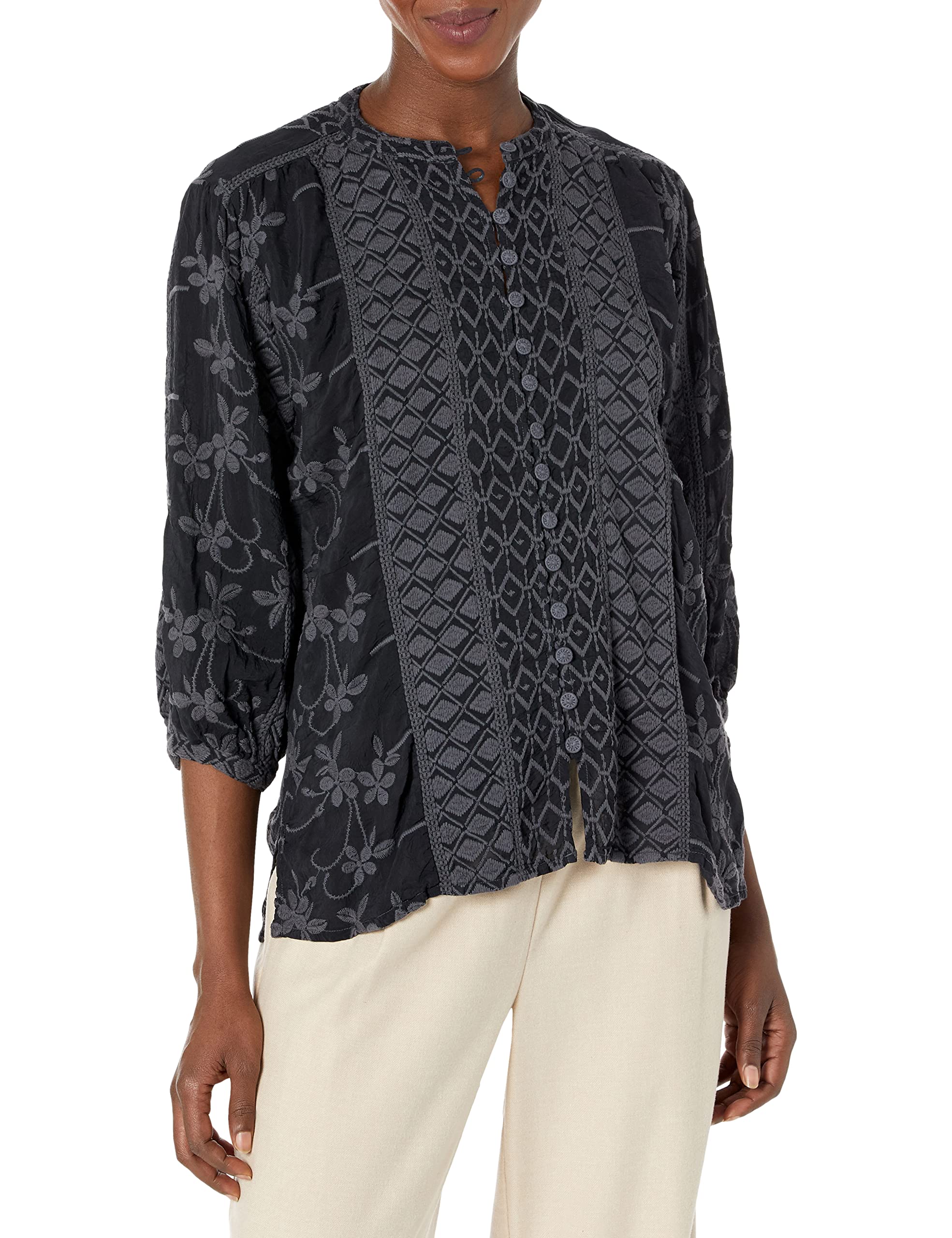 Johnny Was Women's Long Sleeve Button Down Shirt - Boho Floral Print Cotton Blouse for Casual Wear & Office Outfits