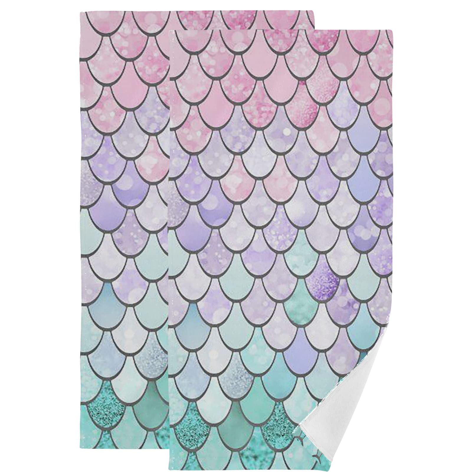 Wamika Mermaid Scale Bath Towel Set - Super Absorbent Hand & Dish Towels (2 Pack, Pink & Turquoise) for Kitchen, Bathroom & Beach Use