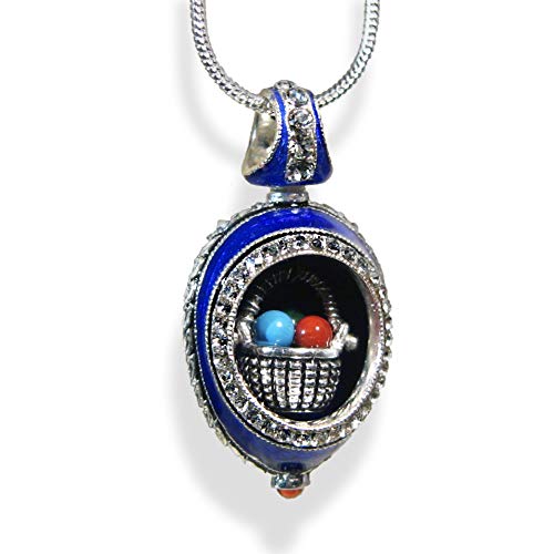 Easter Sterling Silver Basket Necklace with Blue Enamel Fabergé Style Egg Pendant - Genuine Garnet Crystals & 24 Inch Chain - Perfect for Easter Gifts, Spring Fashion & Special Occasions