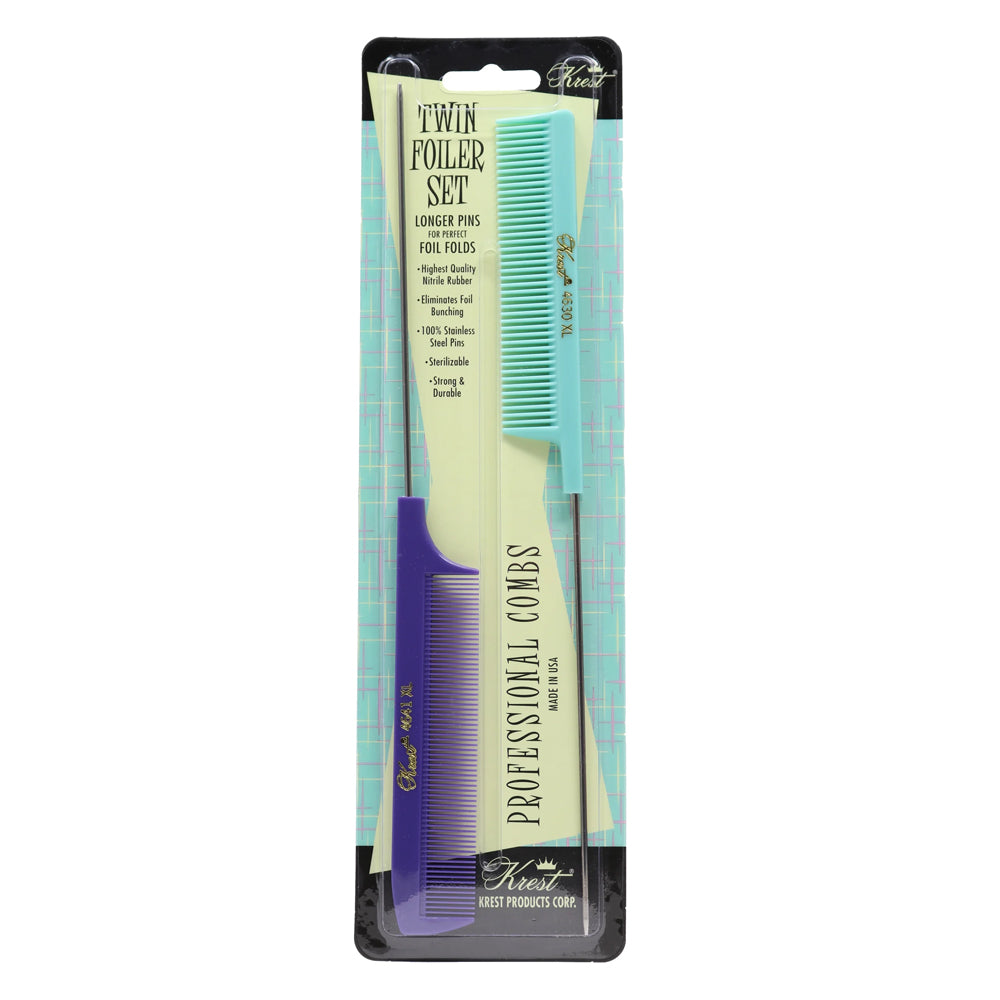 Krest XL Pintail Combs - Fine Tooth Rattail Hair Cutting Comb Set of 2 - Professional Foiling Combs for Hairdressers & Stylists - Perfect for Salon, Barber Shop & Home Hair Cutting