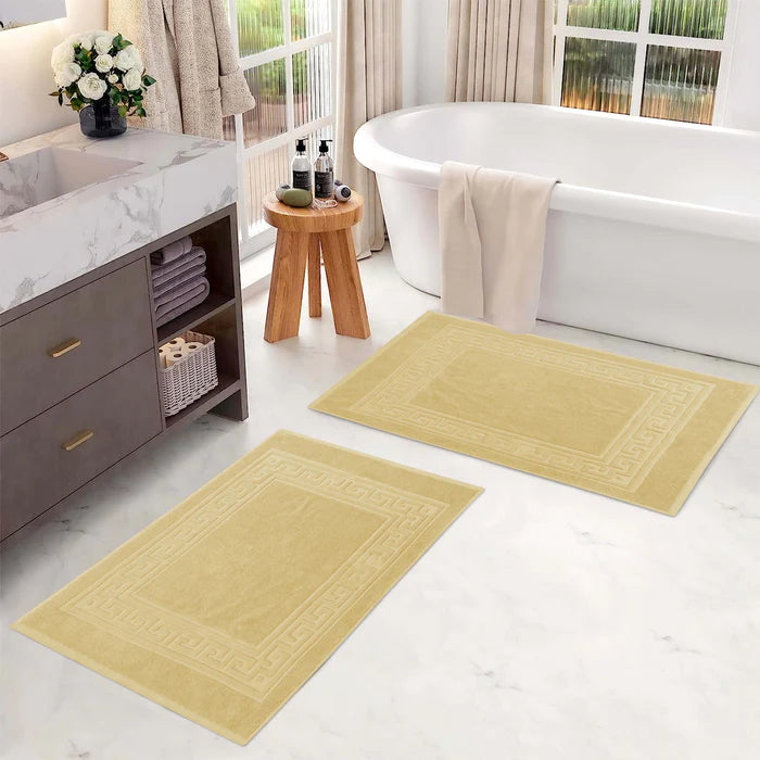 Premium Cotton 2-Piece Greek Key Border Bath Mat Set - Ultra Absorbent, Non-Slip Bathroom Rug - Perfect for Modern Bathrooms, Master Suites & Spa-Like Retreats