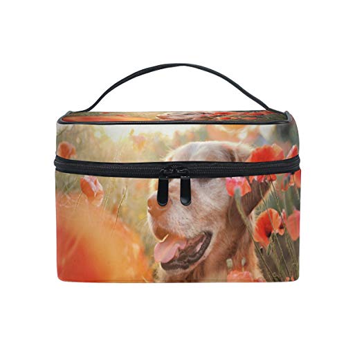 Hengpai Golden Retriever Print Cosmetic Bag - Red Poppy Makeup Train Case for Women | Travel Makeup Organizer | Perfect for Travel, Gym & Daily Storage