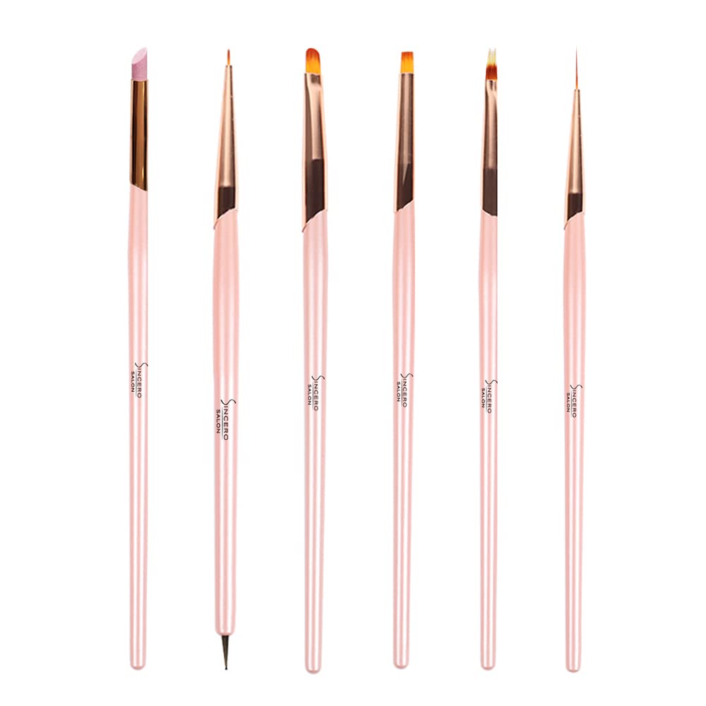 SINCERO SALON Professional Nail Art Brushes Set - 6PCS Premium Gel Nail Polish Design Painting Tools Kit for Salon & Home Use | Perfect for Acrylic, Gel Polish & Nail Art | Easy to Clean & Durable