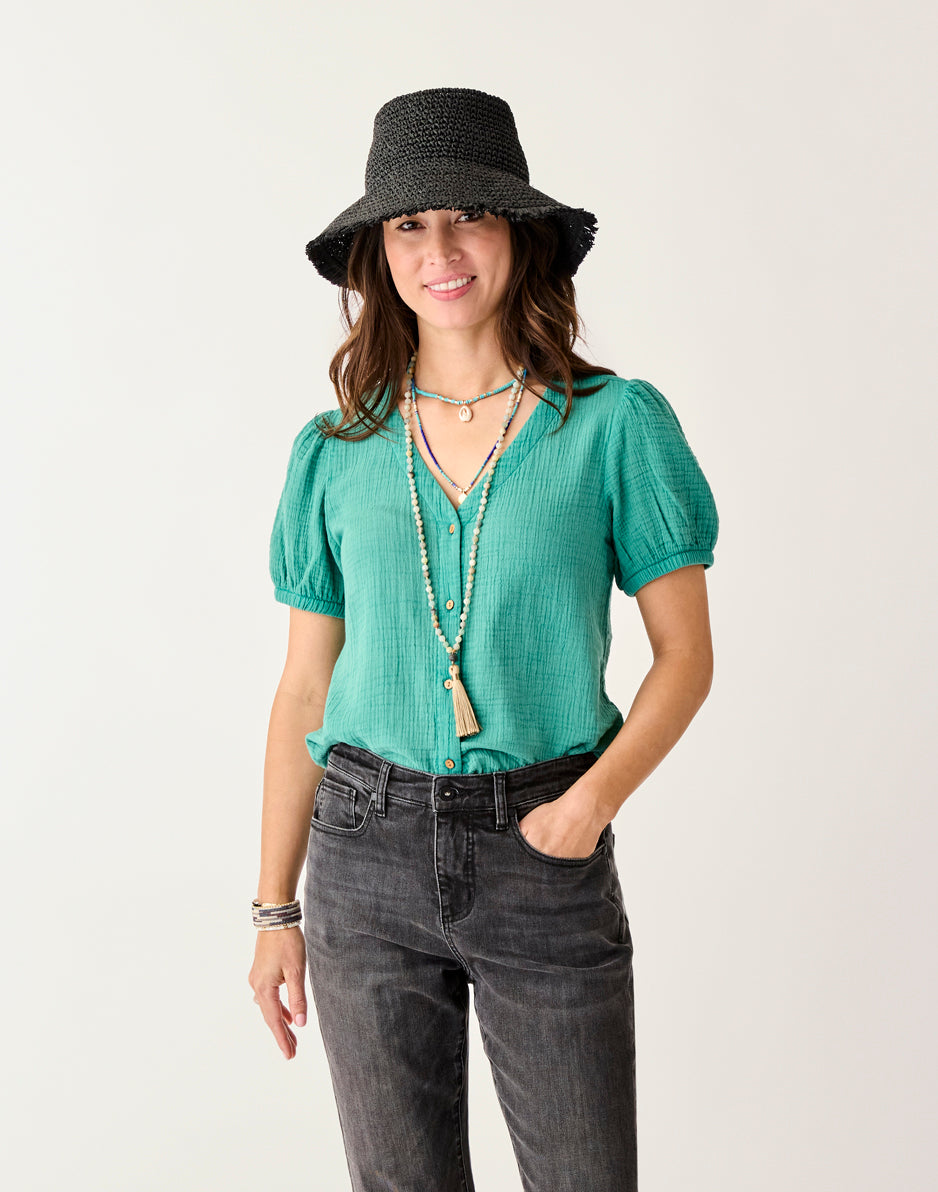 Milo Gauze Top for Women - Breathable Jade Green Summer Blouse - Perfect for Casual Outings, Beach Vacations & Boho Style