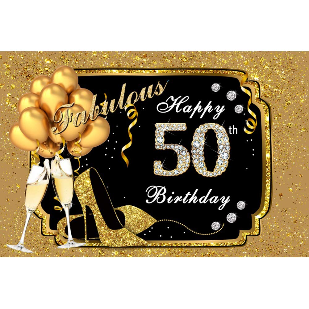CSFOTO 5x3ft Happy Birthday Backdrop for Women - 50th Fabulous Birthday Party Decor with Black & Gold Balloons, Champagne, Glitter Diamonds & High Heels - Photography Background Vinyl Wallpaper - Perfect for Birthday Parties, Photo Booths & Social Media Content