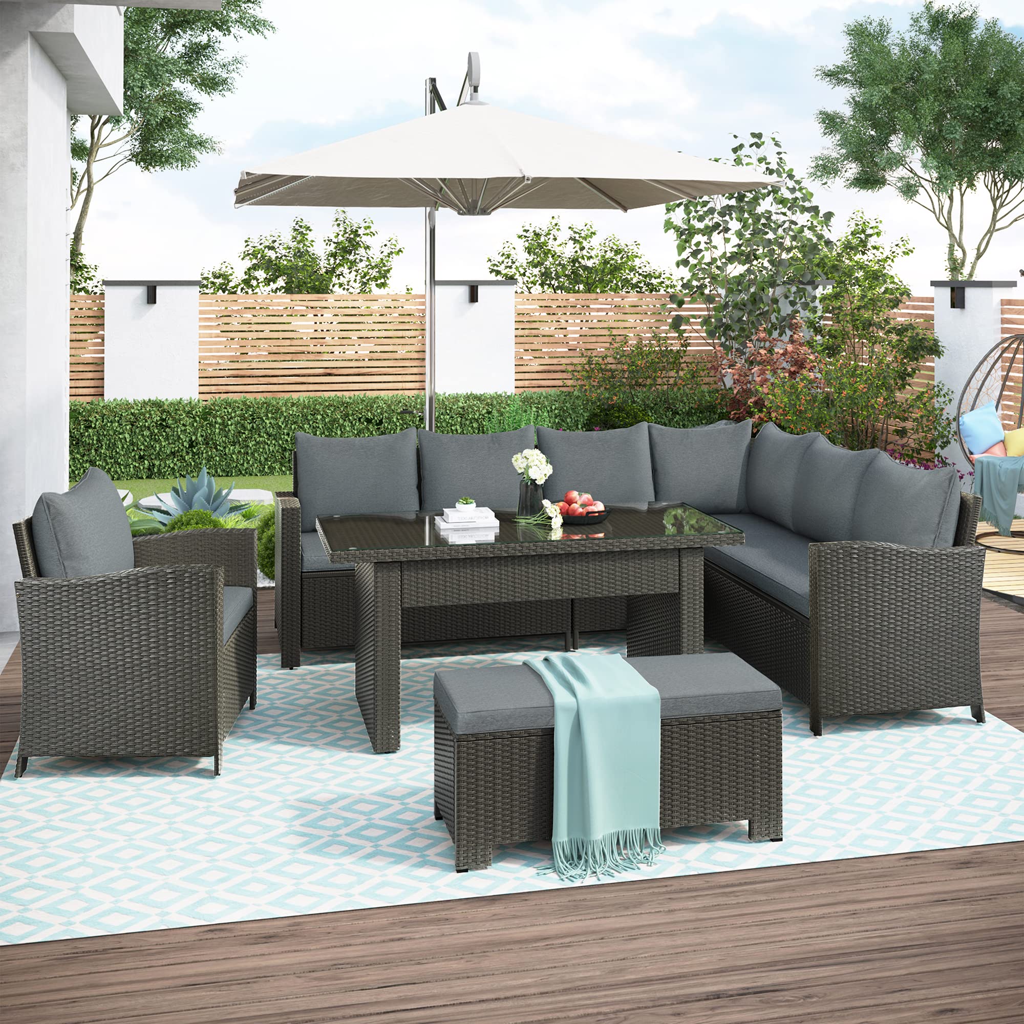 Stylish 6-Piece Patio Furniture Set - Outdoor Conversation & Dining Set with Table, Chairs, Bench & Cushions - Perfect for Backyard, Garden, Poolside & Terrace Relaxation