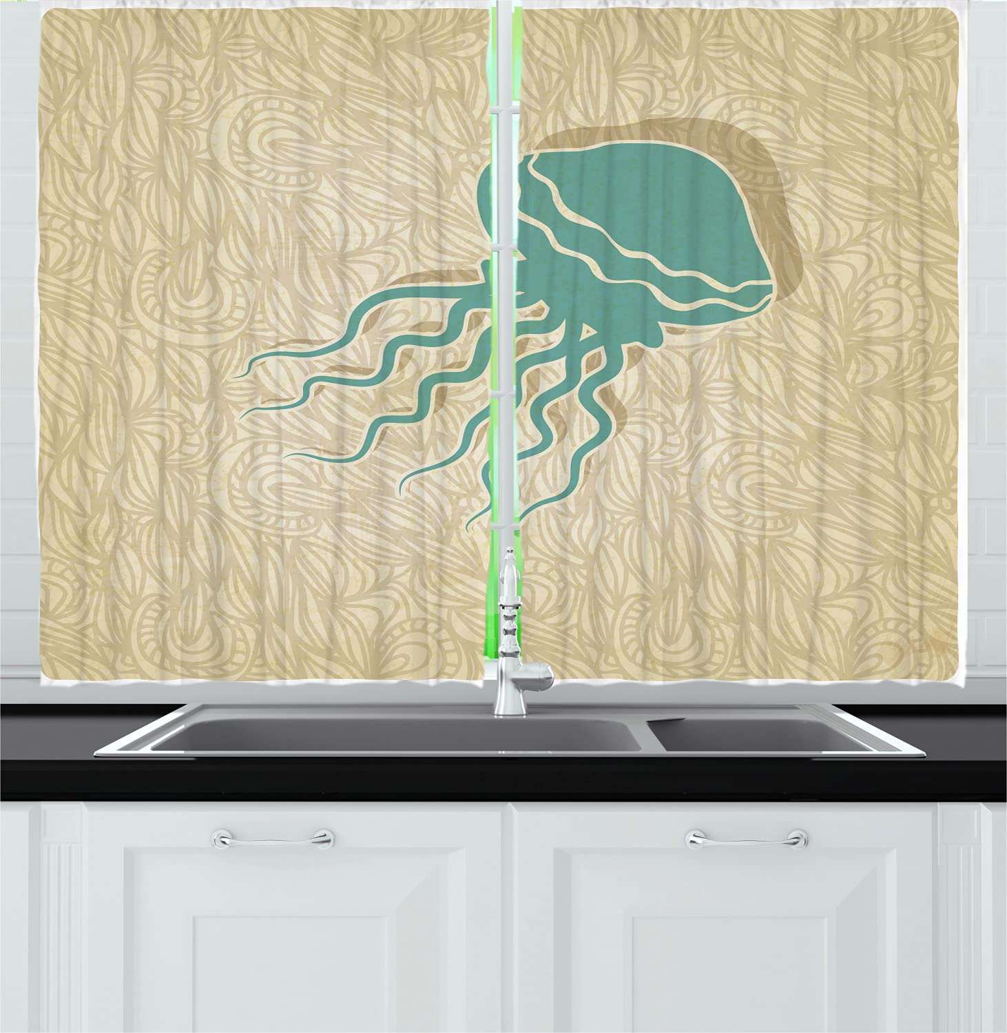 Ambesonne Jellyfish Print Long Kitchen Curtains - Tropical Ocean Life Nautical Drapes with Rod Pocket, 55