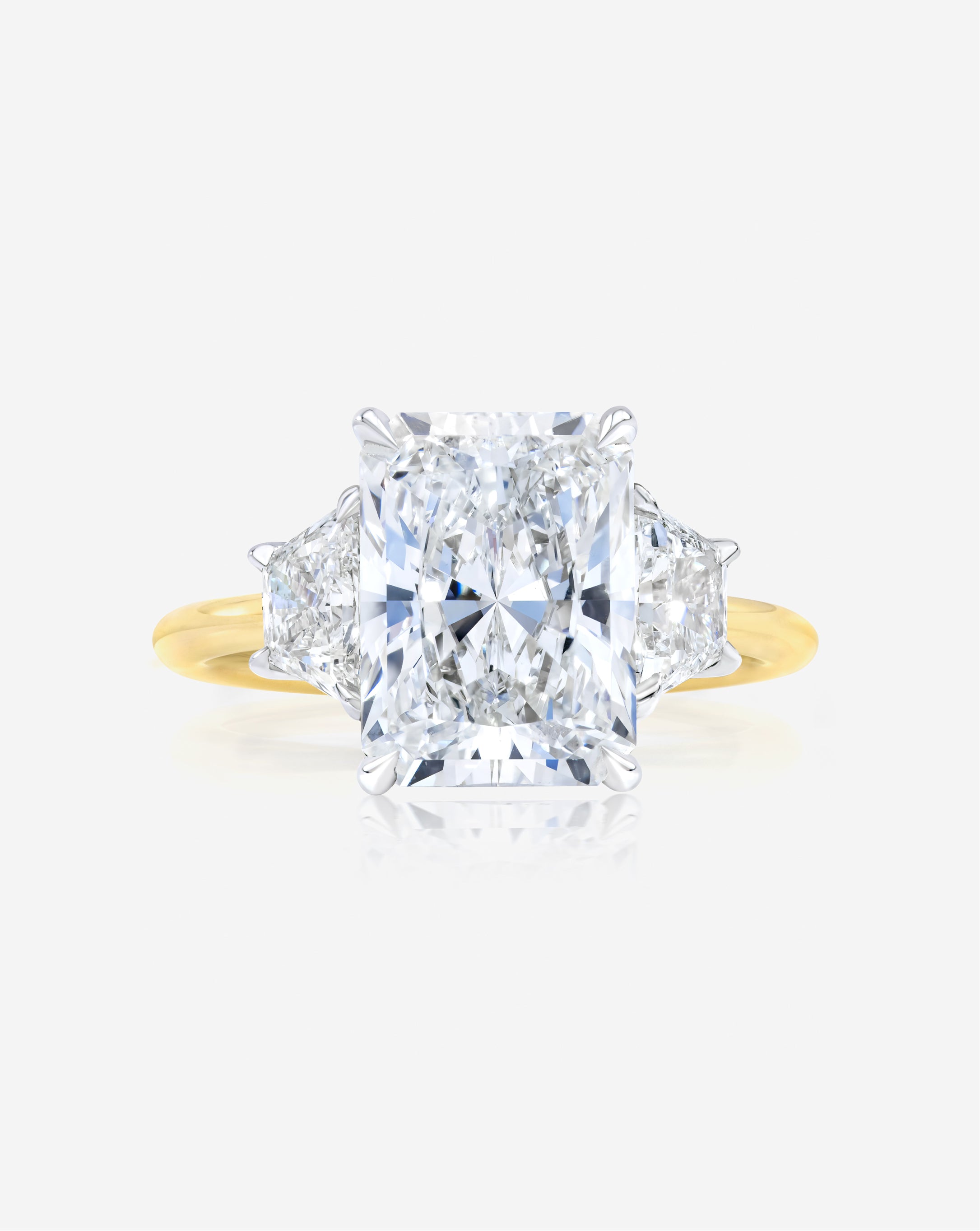 3.64 Carat Lab Grown Diamond Radiant Cut Whisper Thin® Three Stone Engagement Ring with Trapezoid Side Stones - Perfect for Proposals, Anniversaries & Special Occasions
