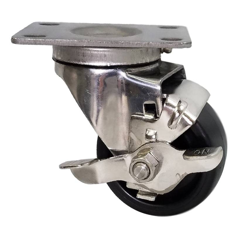 3 x 1 1/4 Inch Polyolefin Wheel Swivel Casters with Stainless Steel Top Plate & Locking Brake - 250 lb Capacity - Perfect for Carts, Furniture, and Industrial Equipment