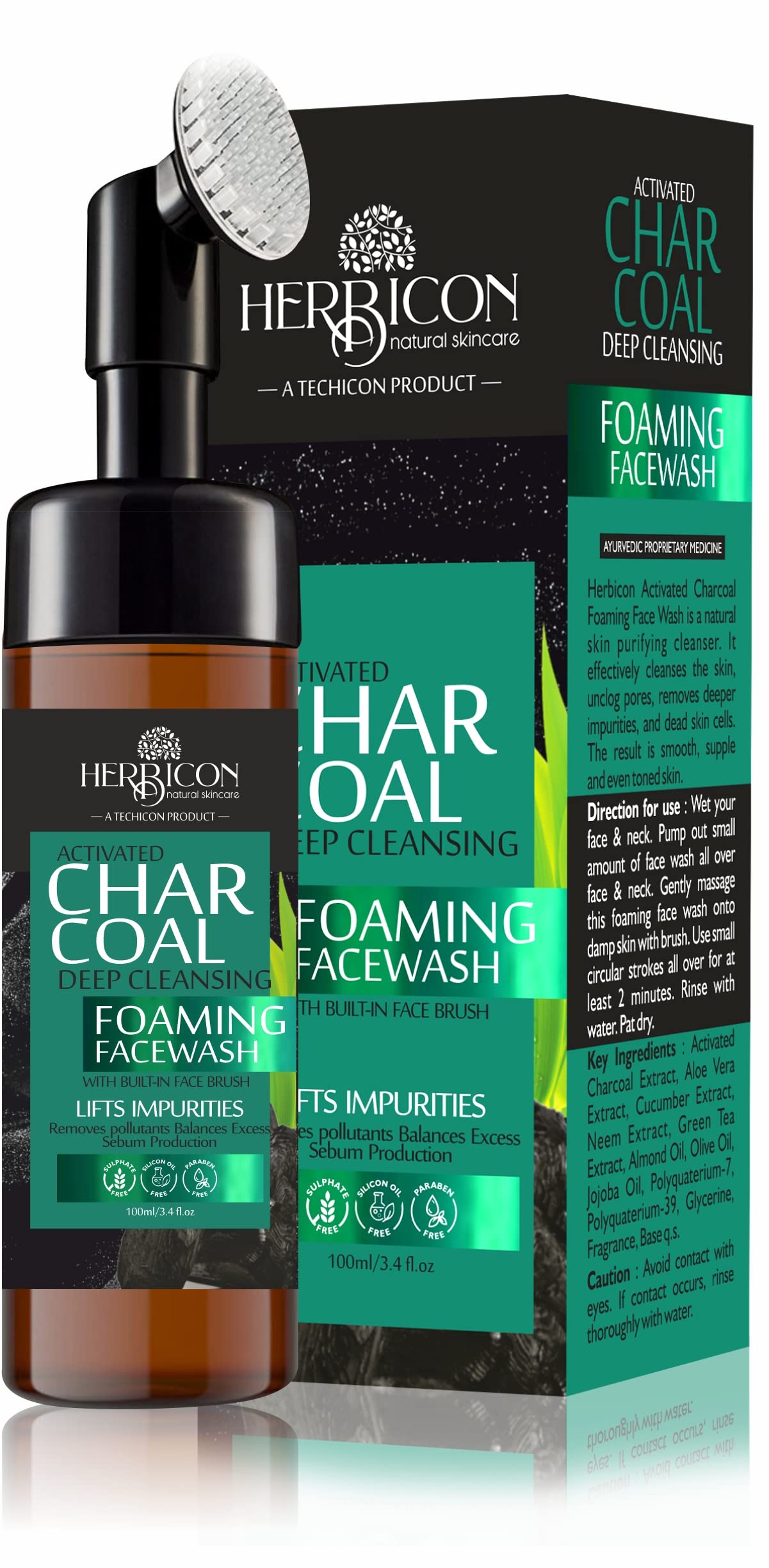 Herbicon Charcoal Foaming Face Wash with Built-In Face Brush for Deep Cleansing - 100ml | Oil Control & Blackhead Removal | Perfect for Daily Skincare & Travel