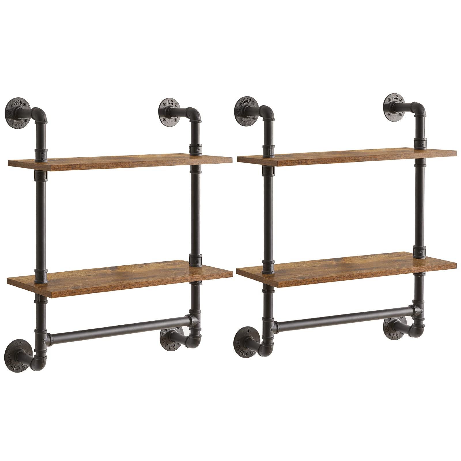 Industrial Pipe Shelf Bracket - 2 Tier Rustic Wall Mounted Floating Shelf for DIY Bookshelf & Storage | Farmhouse Style 24
