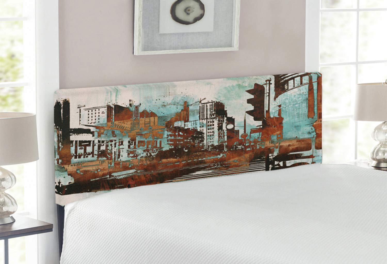 Ambesonne Grunge Headboard - Urban Cityscape Abstract Acrylic Painting Style, Upholstered Metal Bed Headboard with Memory Foam, Full Size in Seafoam Brown & White - Perfect for Modern Bedroom Decor & Contemporary Home Styling