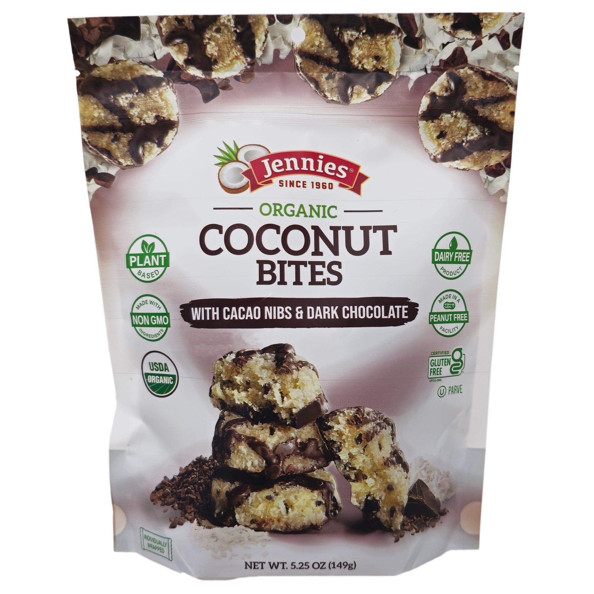 Organic Coconut Bites with Cacao Nibs & Dark Chocolate - Gluten-Free Vegan Snack - 5.25oz Pack - Perfect for Healthy On-the-Go Snacking, Office Treats & Travel Food