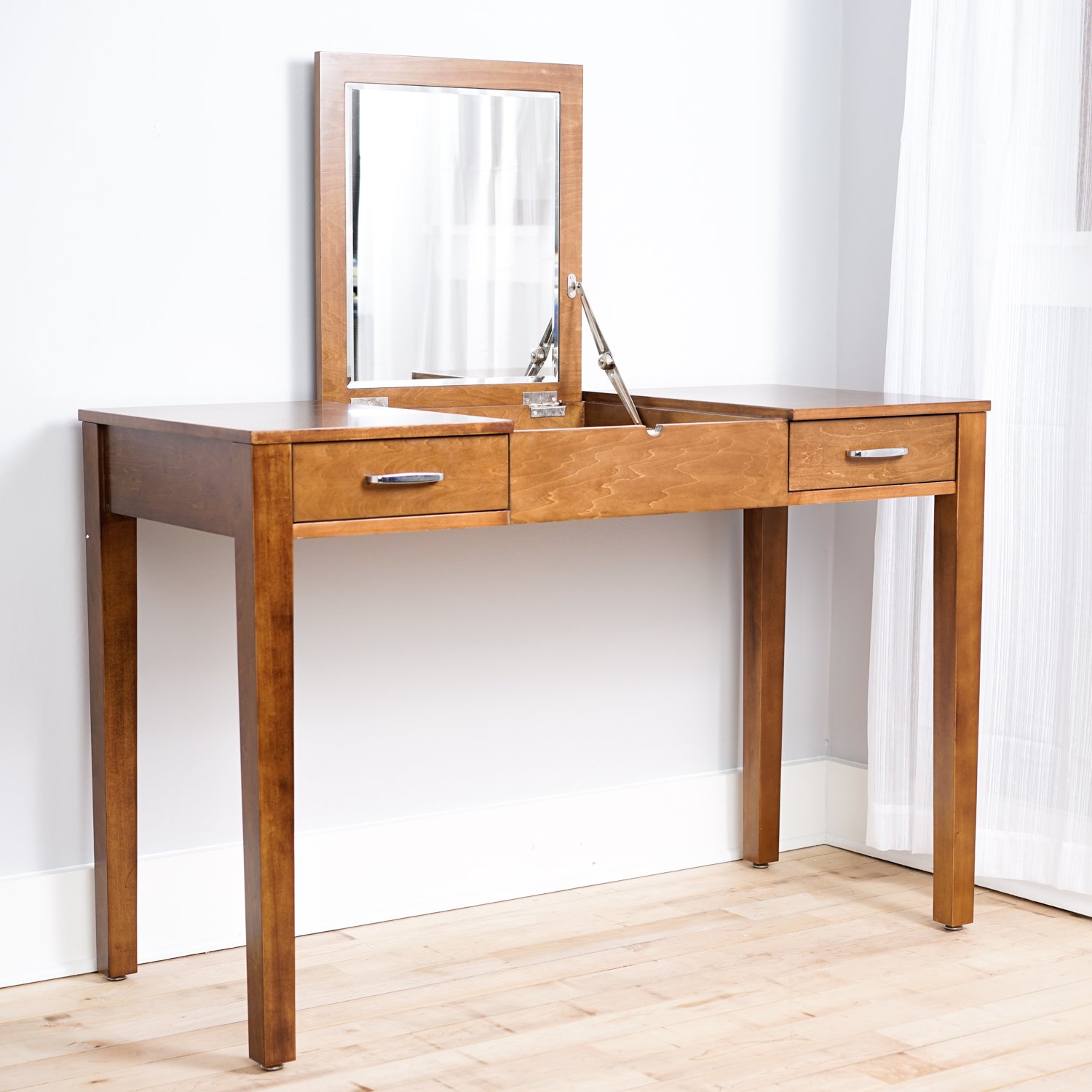 Hives and Honey Ainsley Vanity Desk with Mirror - Solid Walnut Wood Makeup Dressing Table for Bedroom, Home Office & Beauty Salon