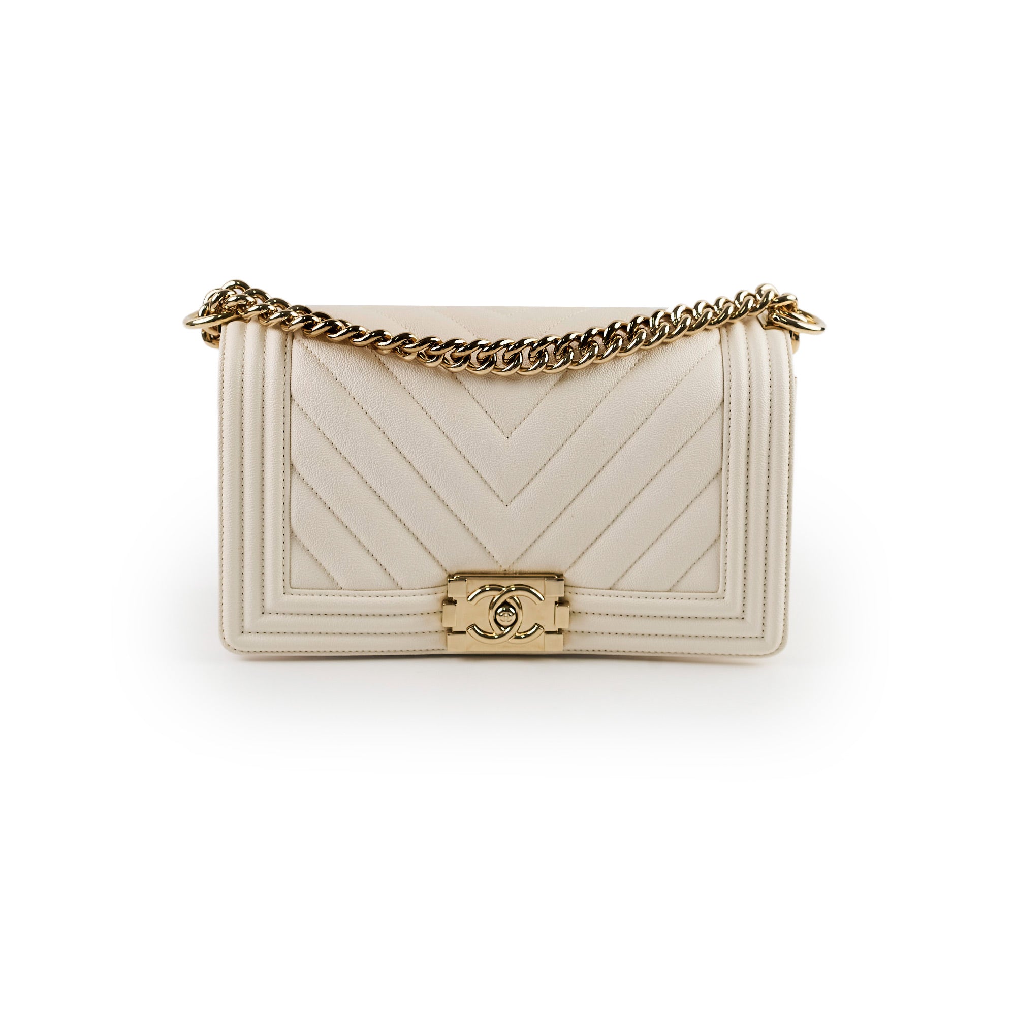 Chanel Old Medium Boy Chevron White Caviar Leather Handbag - Series 29 | Luxury Designer Crossbody Bag for Women, Perfect for Date Night & Special Occasions