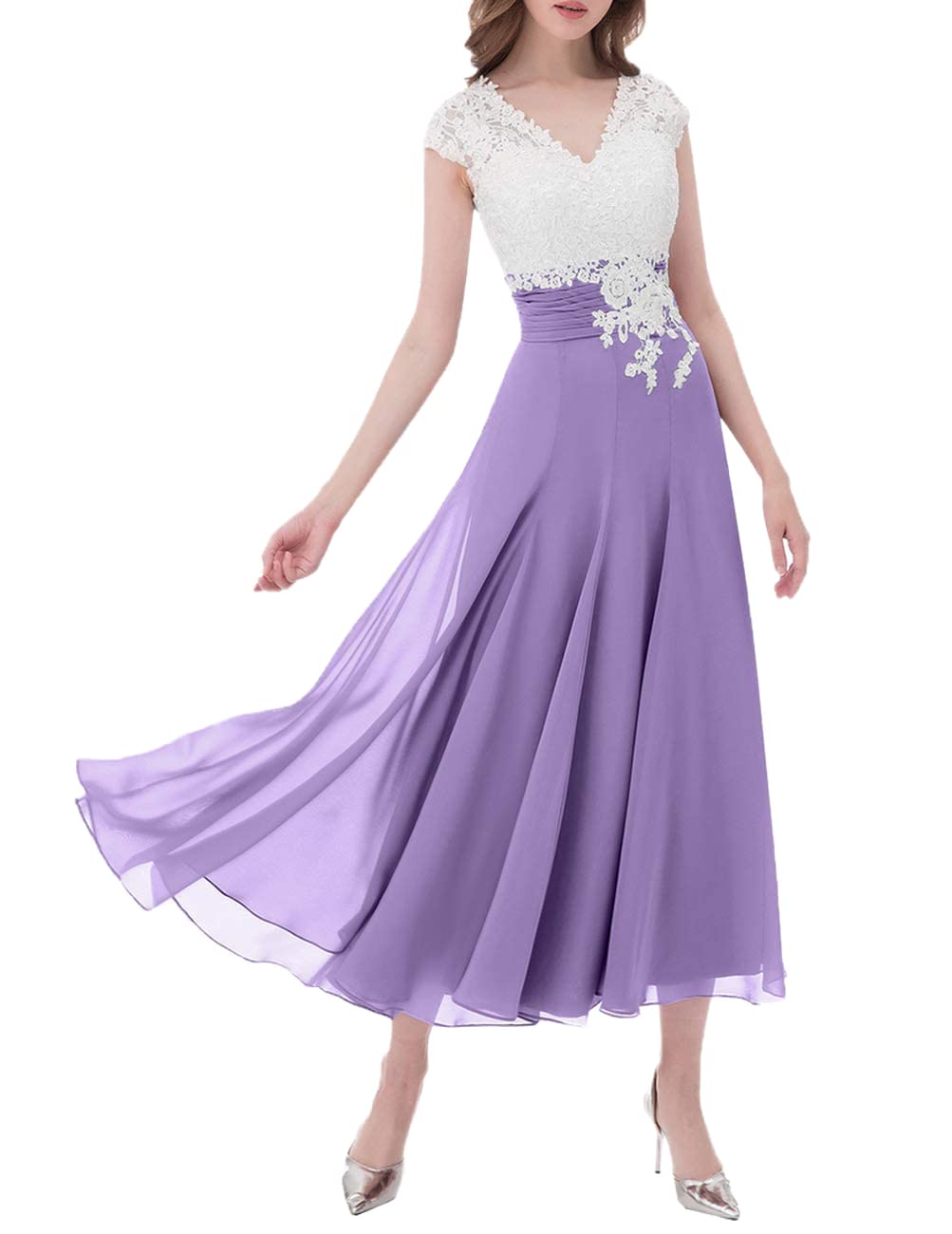 Ivory Lace Chiffon V-Neck Bridesmaid Dress with Cap Sleeves - Elegant Women's Blouse for Weddings, Parties & Special Occasions | Mother of The Bride & Formal Events Wear