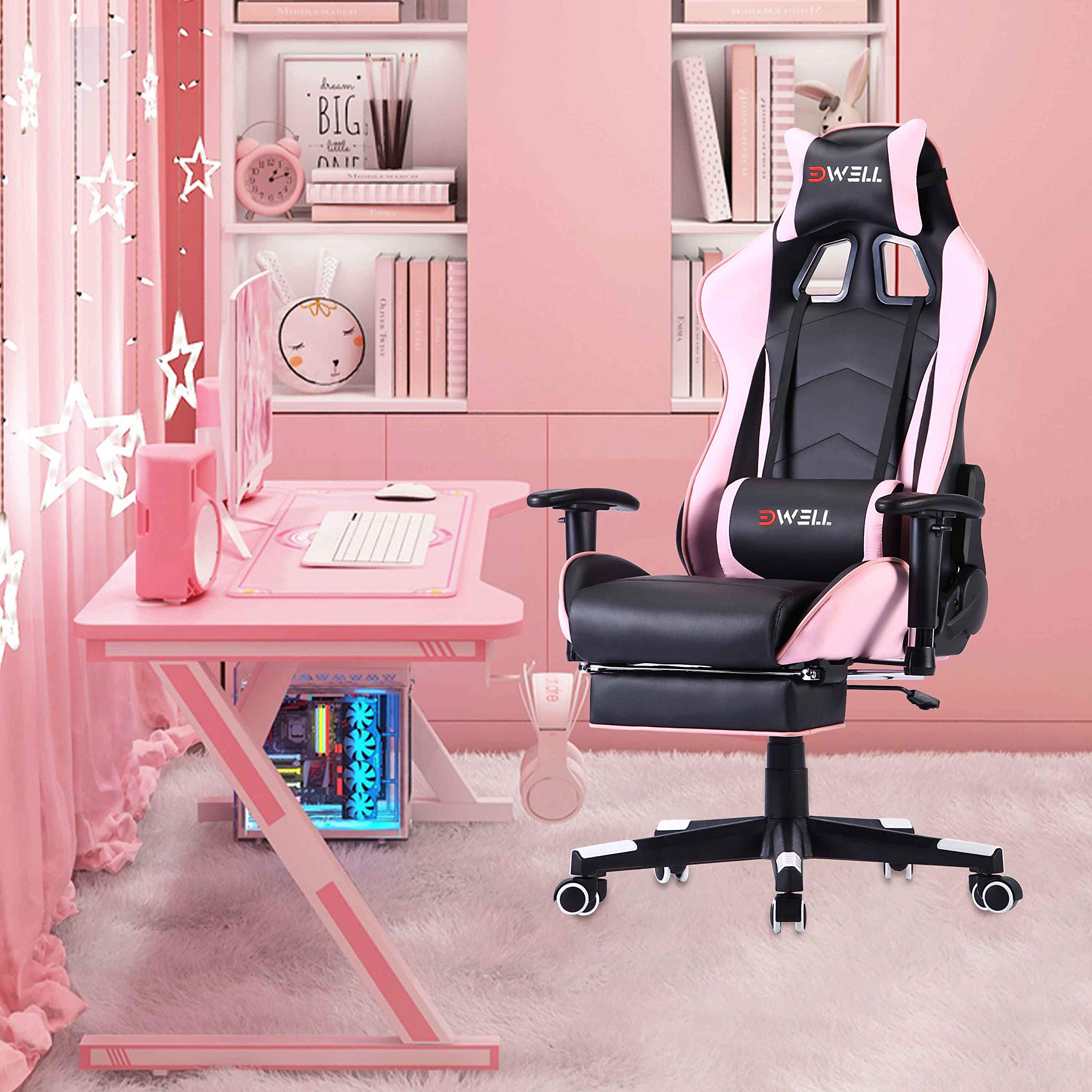 EDWELL Ergonomic Gaming Chair with Footrest & Massage Lumbar Support - High Back Office Computer Desk Chair for Adults - Pink Gaming Chair with Headrest - Perfect for Esports, Streaming & Home Office Work