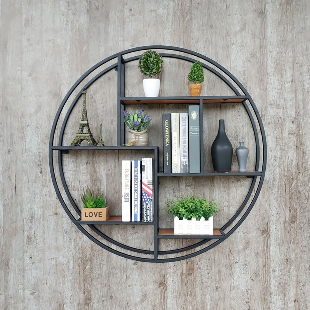 European Wrought Iron Floating Shelf - Black Round Wall Mounted Storage Rack (68x16x68cm) for Living Room, Bedroom & Office Decor | Space-Saving Wall Shelf for Books, Plants & Home Decorations