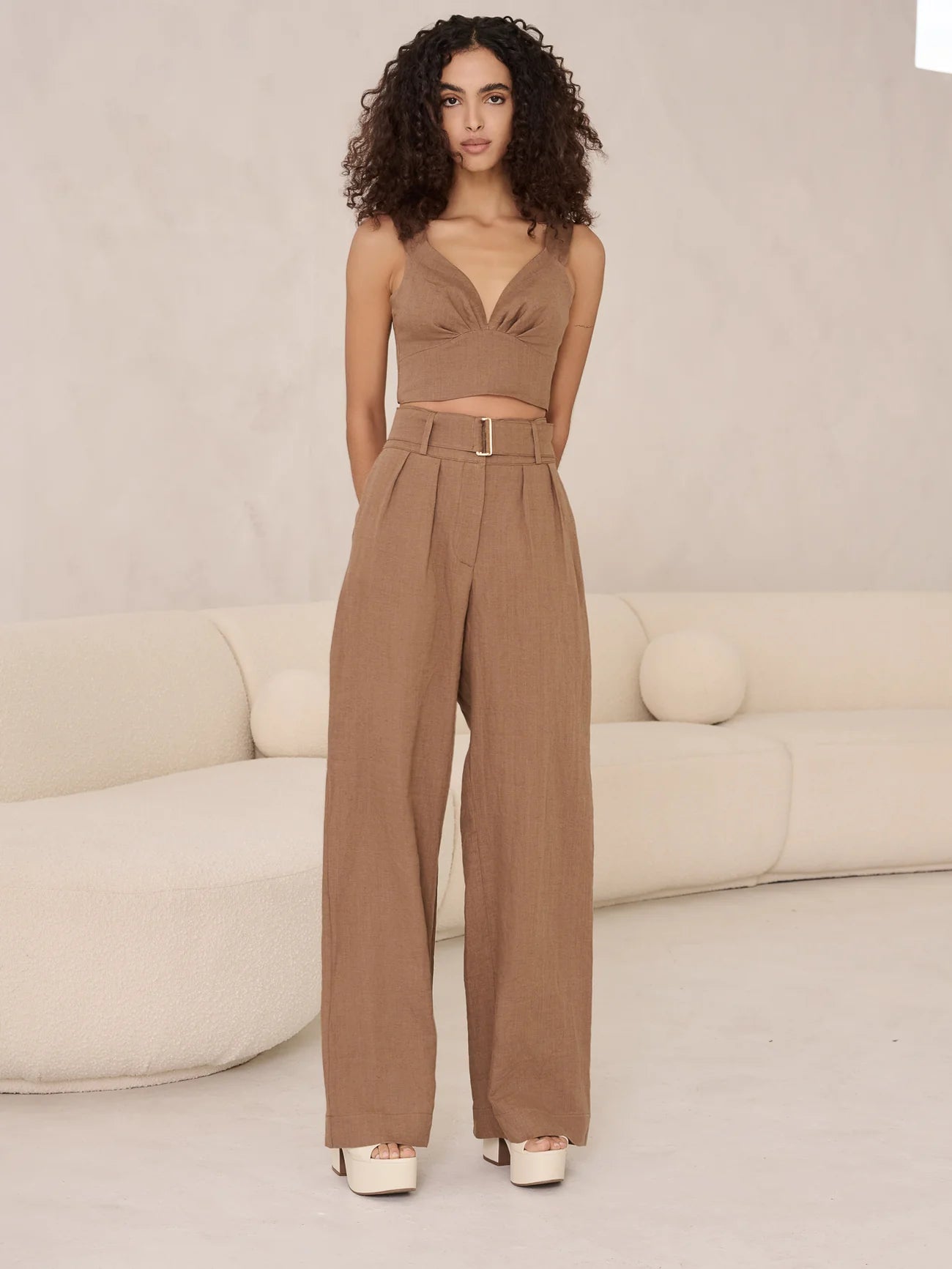 Alina Linen Pants for Women - Comfortable & Breathable Wide Leg Trousers in Pecan Brown - Perfect for Summer, Office Wear & Casual Outfits